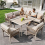 Voir la diapositive 5 : MERAX Salon de jardin angle 8 places en fer avec table verre effet bois, 2 fauteuils rotin, coussins, beige