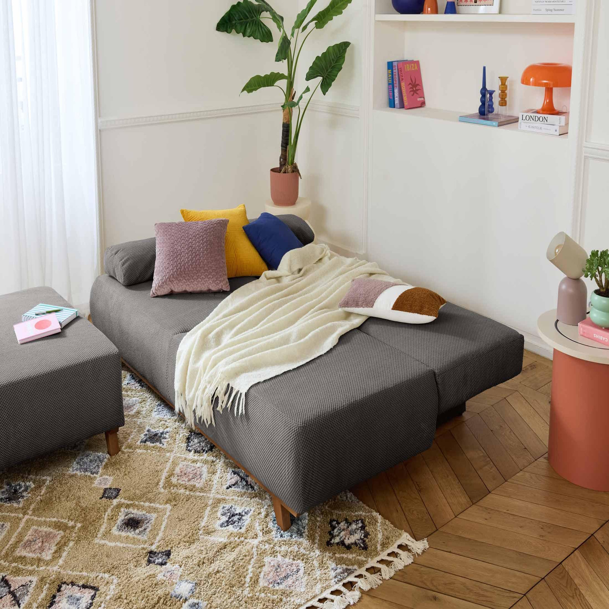 Voir la diapositive 2 : BEST MOBILIER Cristal - canapé 3 places - convertible avec coffre et grand pouf - en velours texturé