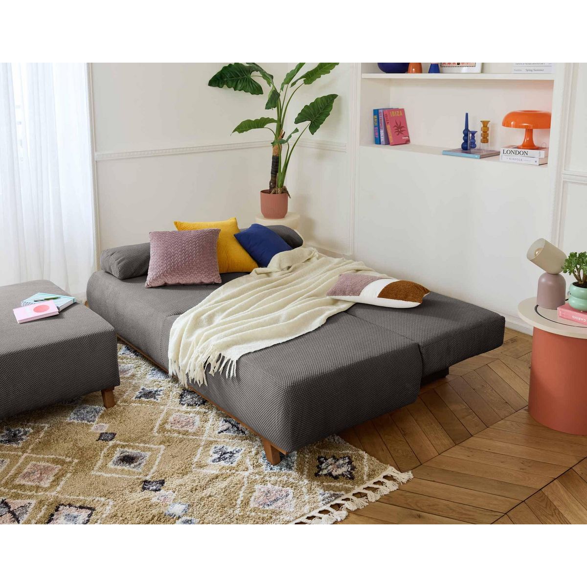 BEST MOBILIER Cristal - canapé 3 places - convertible avec coffre et grand pouf - en velours texturé