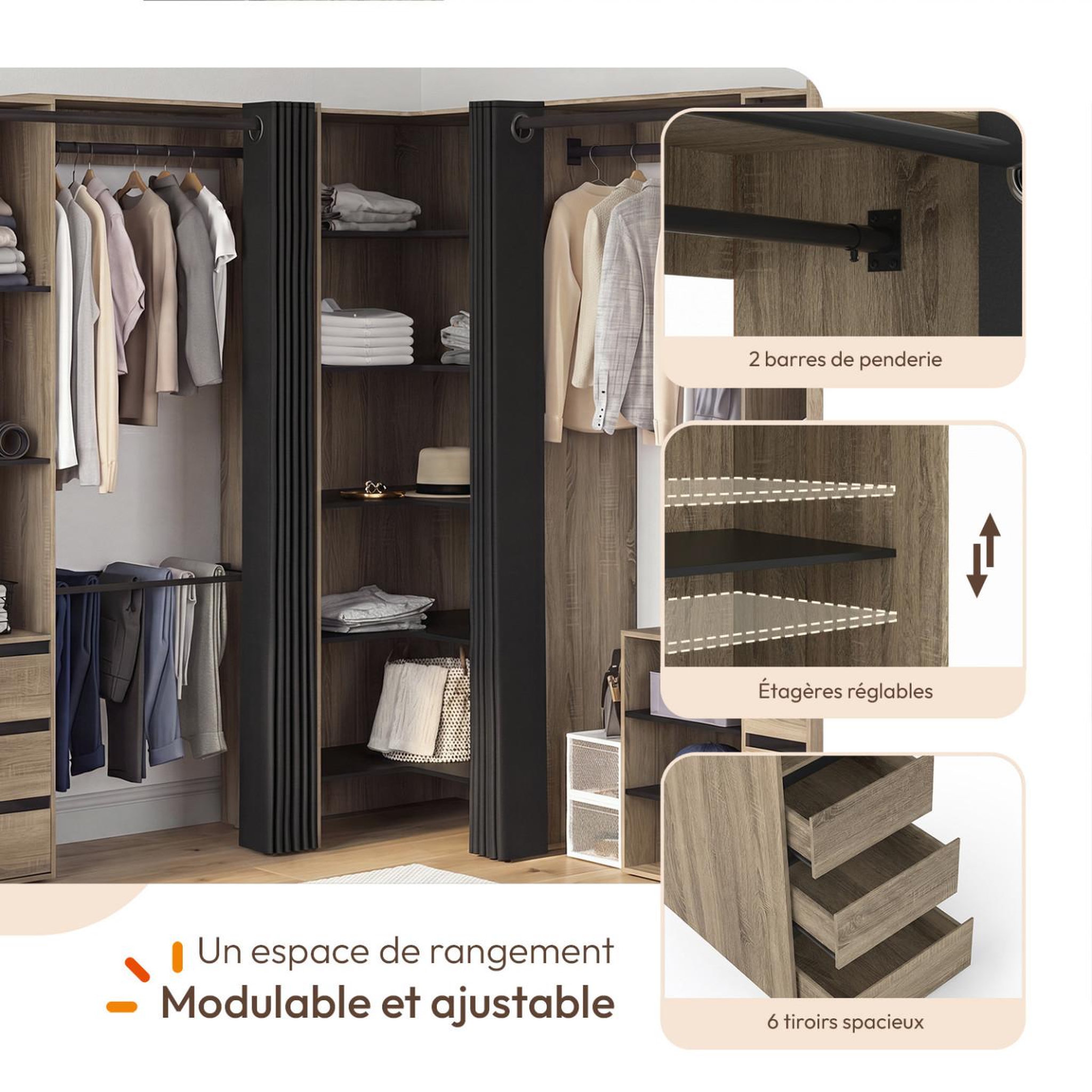 Voir la diapositive 3 : ID MARKET Dressing extensible d'angle marlon 220 x 220 x 180 cm hêtre avec penderies + porte pantalon + étagères + tiroirs + rideaux noirs