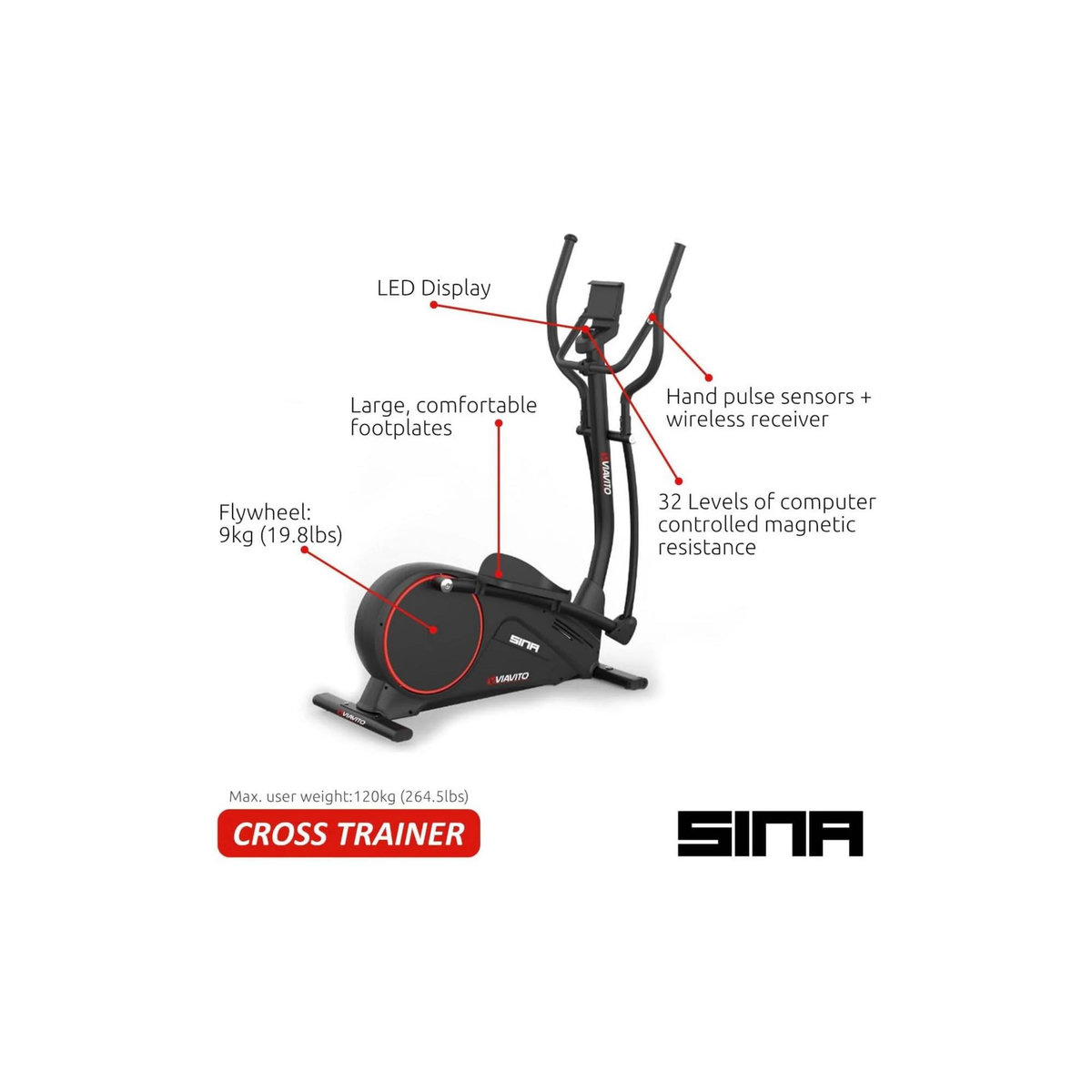 VIAVITO Vélo elliptique d'appartement de Fitness - Viavito - Modéle Sina - Ecran LED