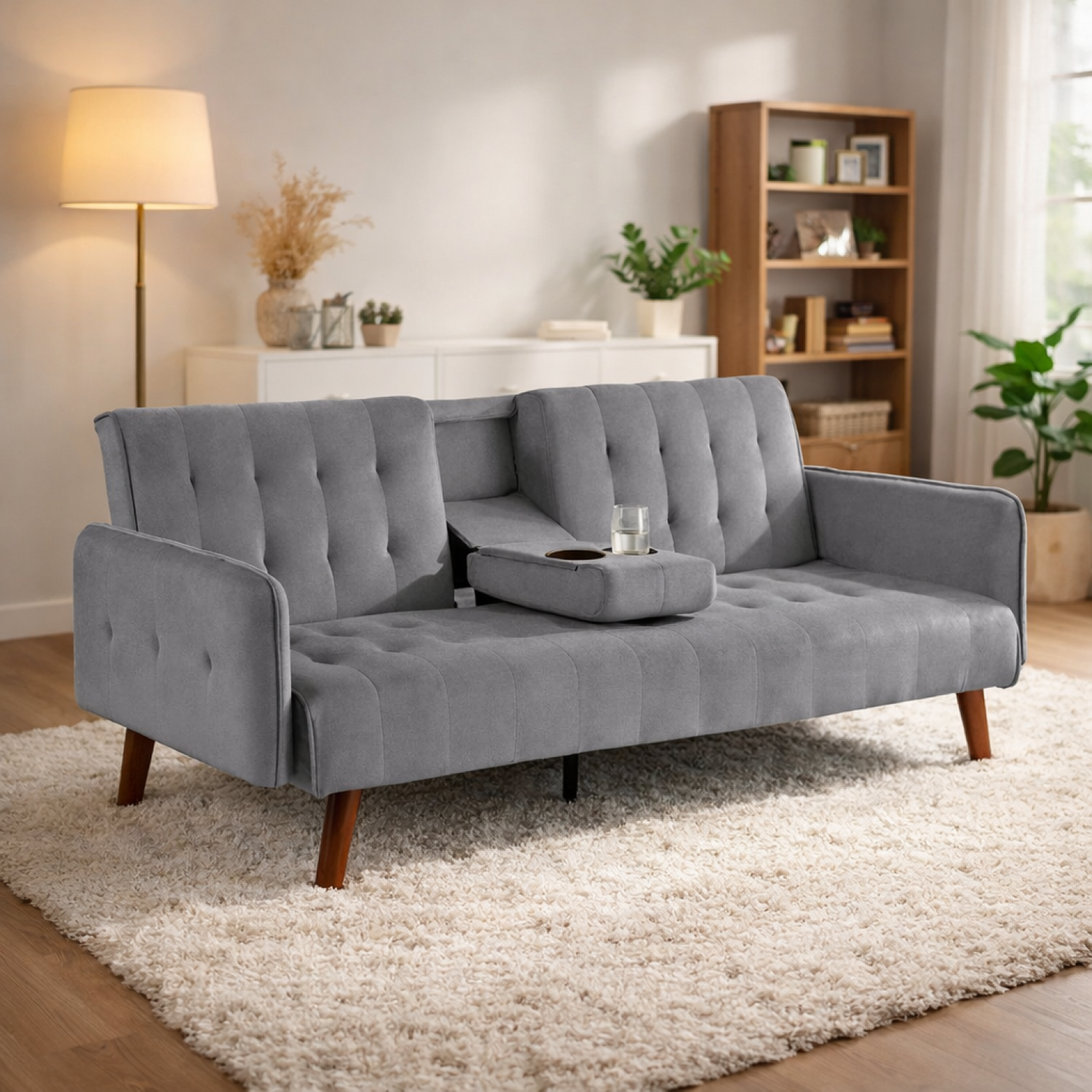 Voir la diapositive 2 : CONCEPT USINE Canapé 3 places convertible en velours avec tablette centrale rabattable gris inverness