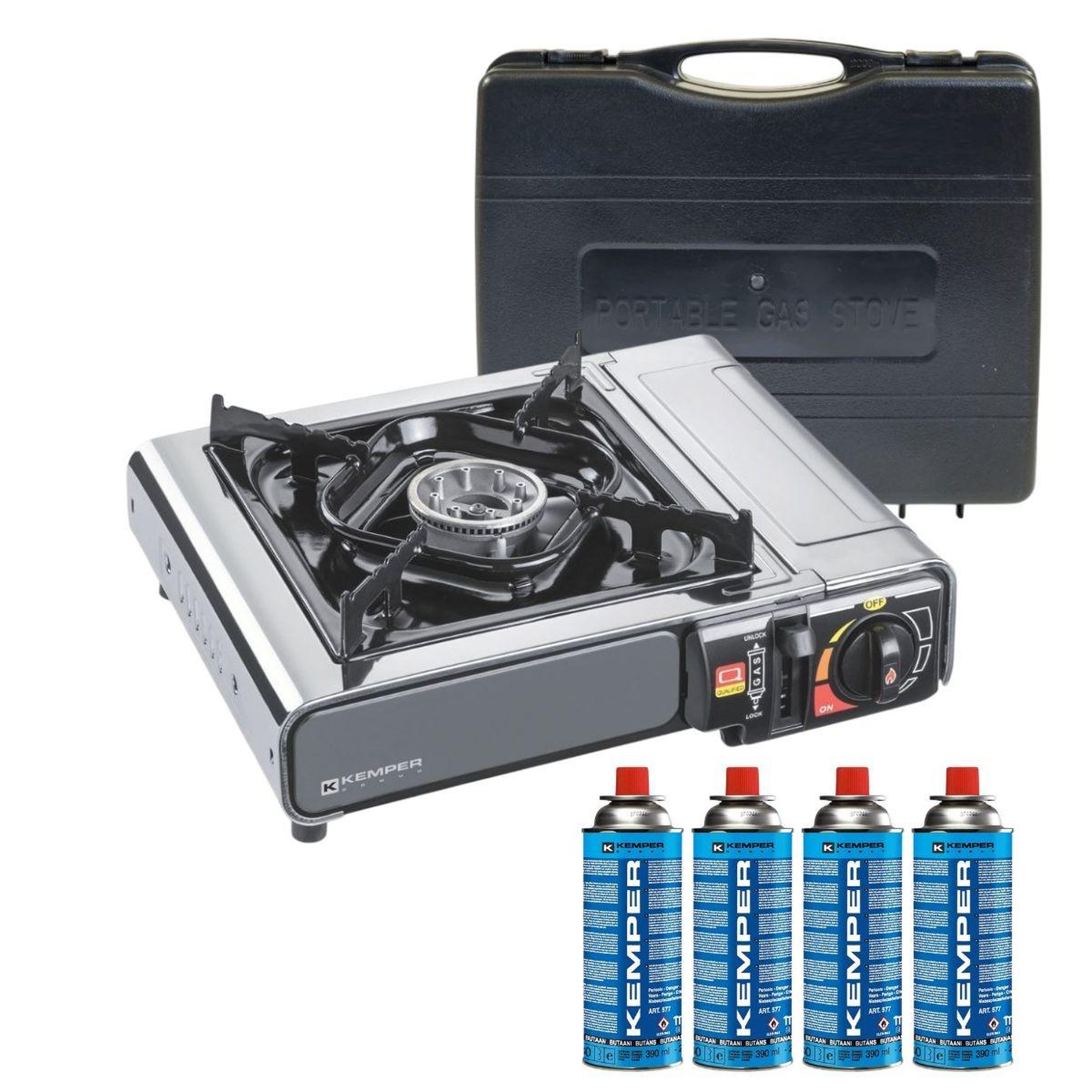 Kemper Réchaud à gaz portable 2200w inox + 4 cartouches de gaz + malette de transport cuisson extérieure camping van trek kemper