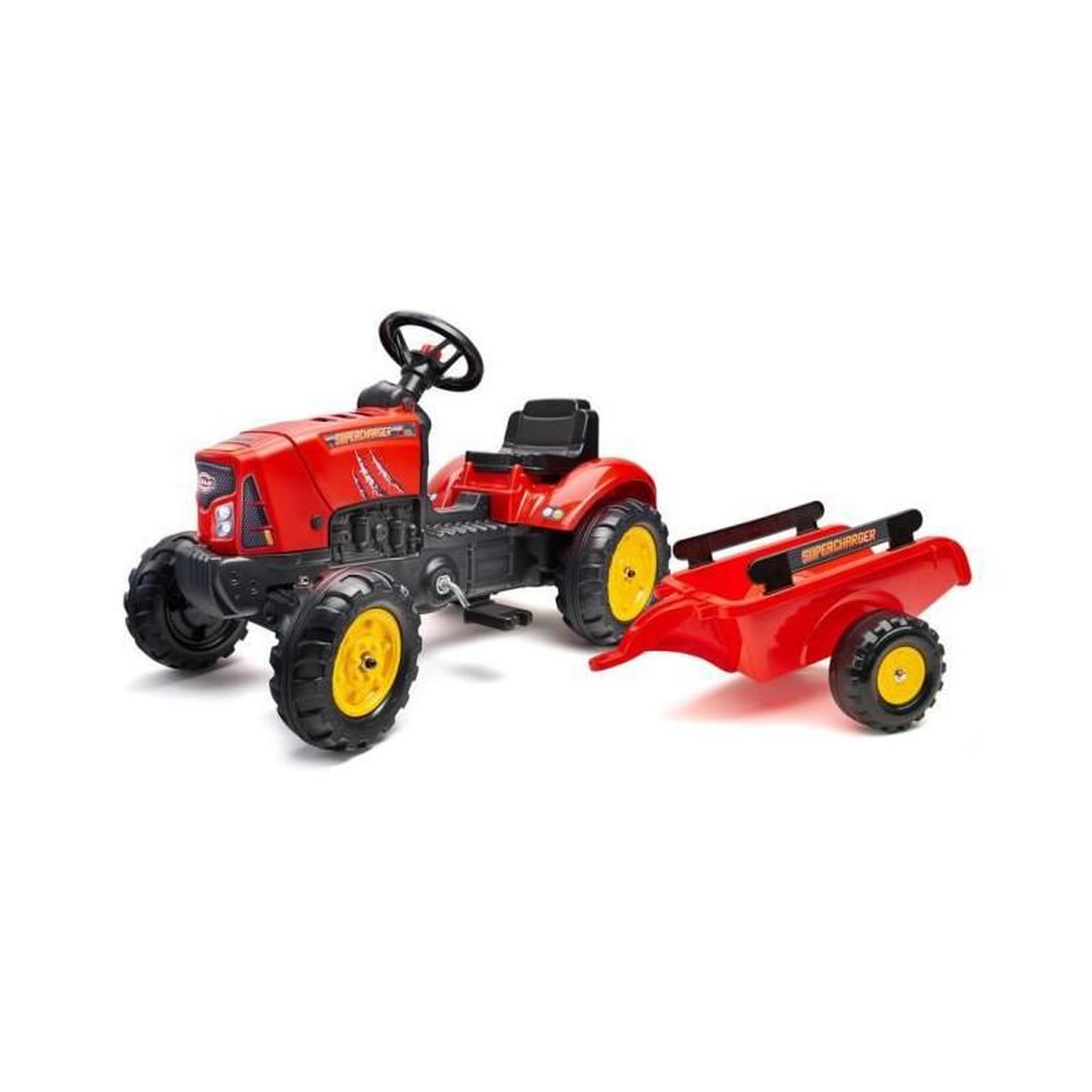 FALK FALK - Tracteur a pedales Supercharger rouge avec capot ouvrant et remorque