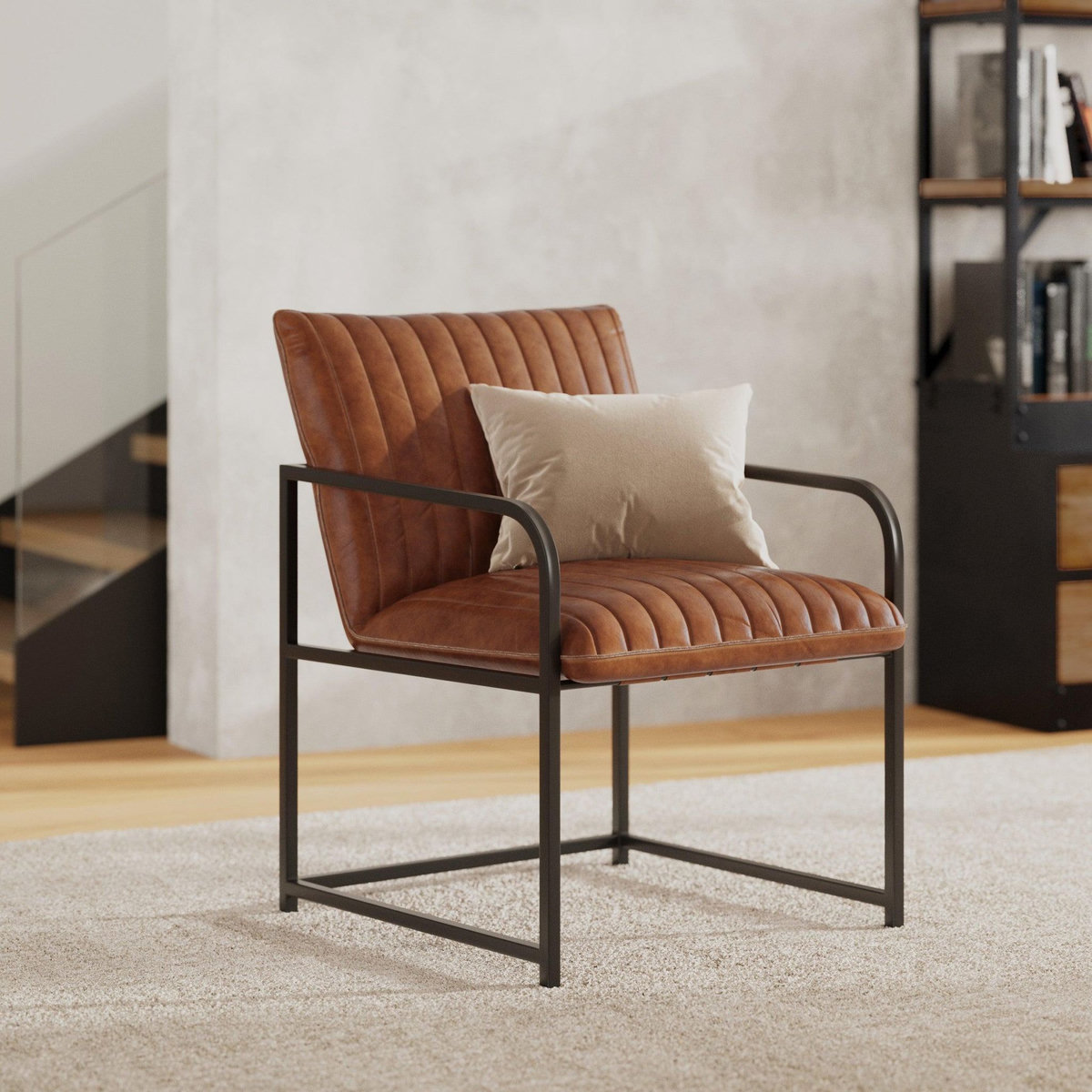 MAISON PAVANE Fauteuil en cuir de buffle marron et métal noir-Armand
