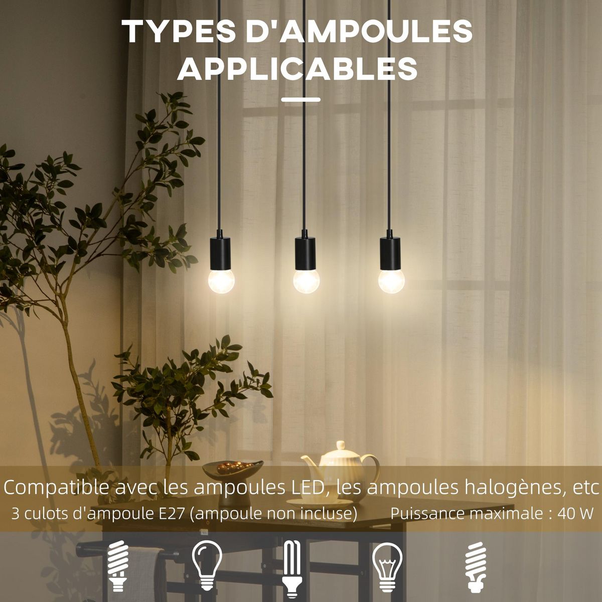 HOMCOM Lustre suspension style industriel 3 lampes 40 W max. hauteur réglable dim. 50L x 8l x 33H cm métal noir bois hévéa