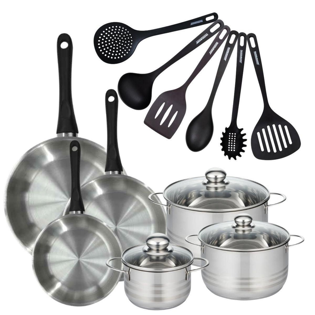 Fackelmann Set de 3 poêles 20, 24 et 28 cm en inox, 3 faitouts inox 16, 20 et 24 cm et 6 ustensiles RPET Fackelmann Geneva