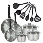 Fackelmann Set de 3 poêles 20, 24 et 28 cm en inox, 3 faitouts inox 16, 20 et 24 cm et 6 ustensiles RPET Fackelmann Geneva