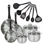Voir la diapositive 1 : Fackelmann Set de 3 poêles 20, 24 et 28 cm en inox, 3 faitouts inox 16, 20 et 24 cm et 6 ustensiles RPET Fackelmann Geneva