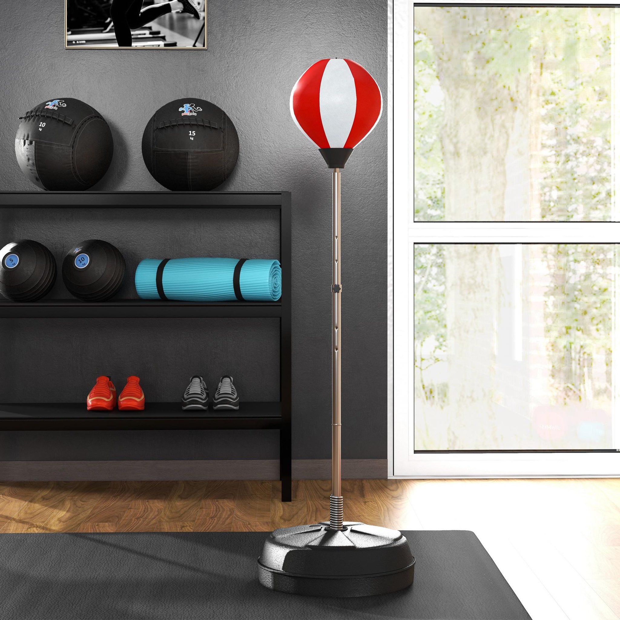 Voir la diapositive 2 : HOMCOM Punching ball sur pied réglable en hauteur 126-144 cm avec gants, pompe et base de lestage rouge blanc