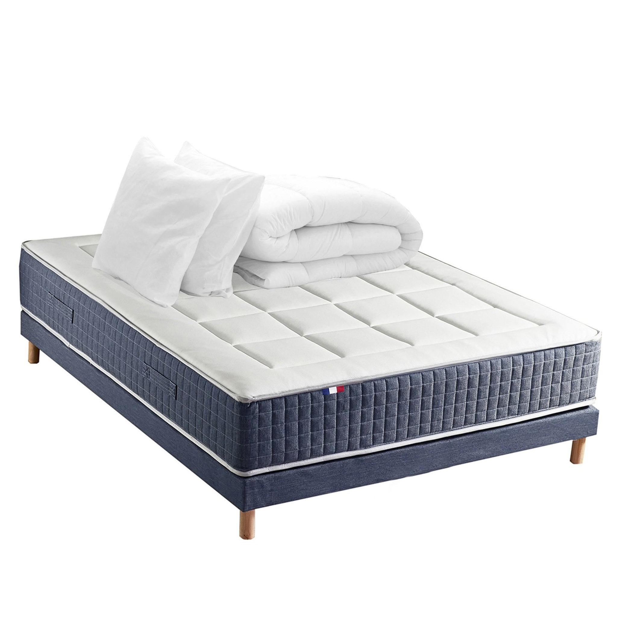 Voir la diapositive 2 : IDLITERIE Ensemble matelas hybride 7 zones + mémoire de forme + sommier king style + couette + oreillers fabriqué en france 160 x 200