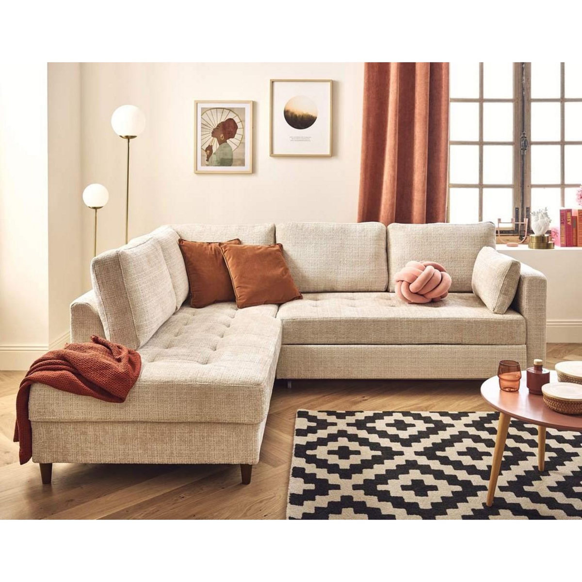 LISA DESIGN Anna - canapé d'angle gauche 5 places convertible en velours texturé