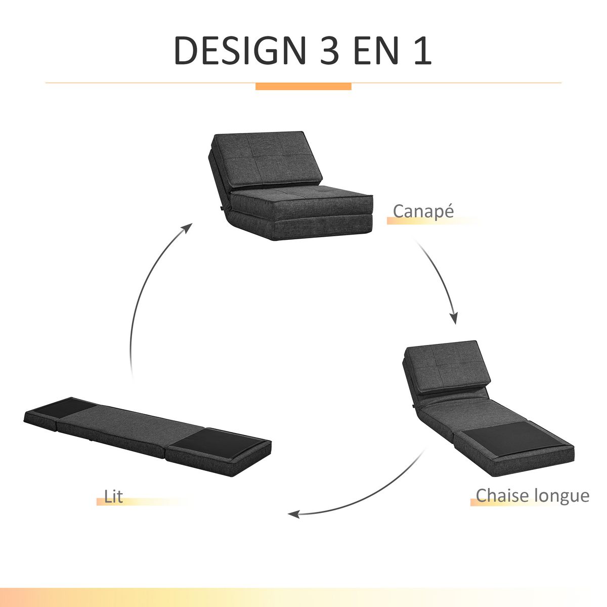 HOMCOM Chauffeuse - matelas d'appoint pliant - fauteuil convertible - inclinaison dossier réglable 5 positions - tissu polyester aspect lin gris
