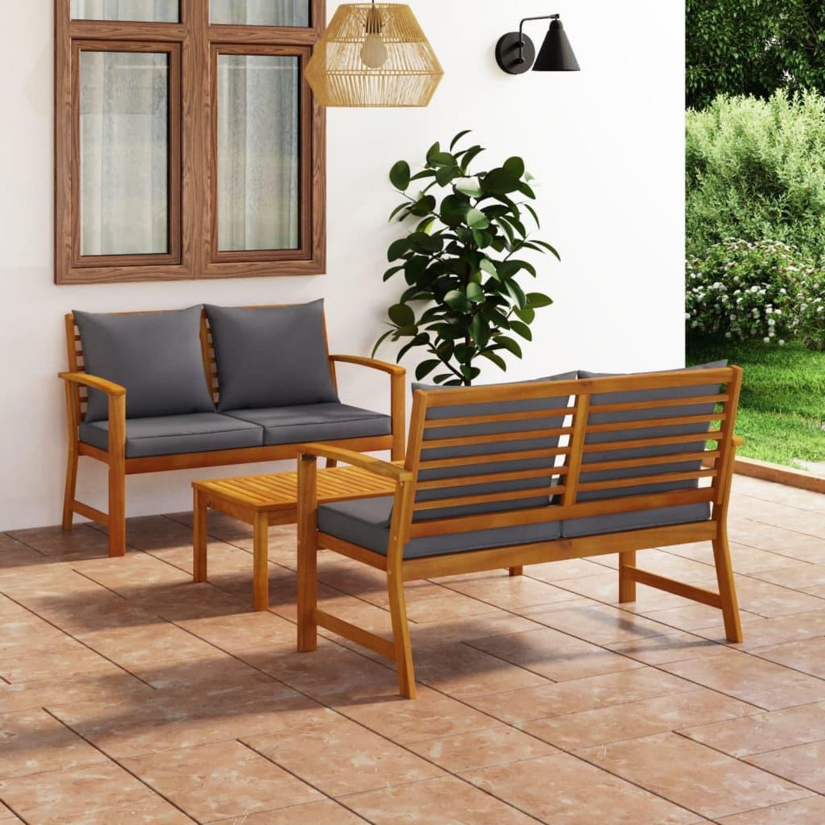 VIDAXL Salon de jardin 3 pcs avec coussin Bois d'acacia solide