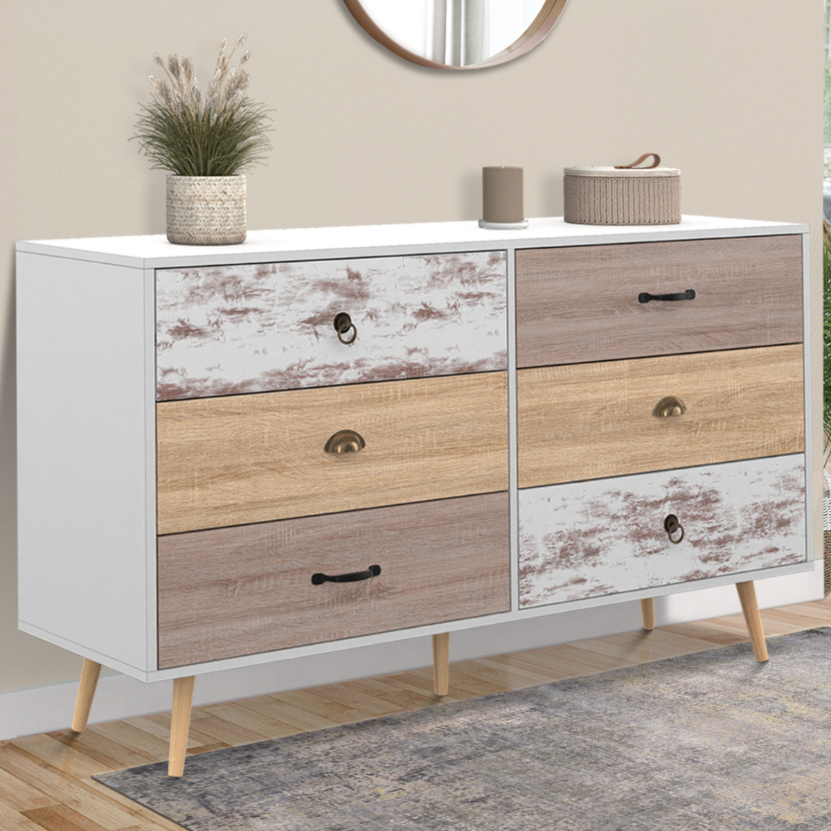 ID MARKET Commode 6 tiroirs BAHIA XXL 140 cm scandinave