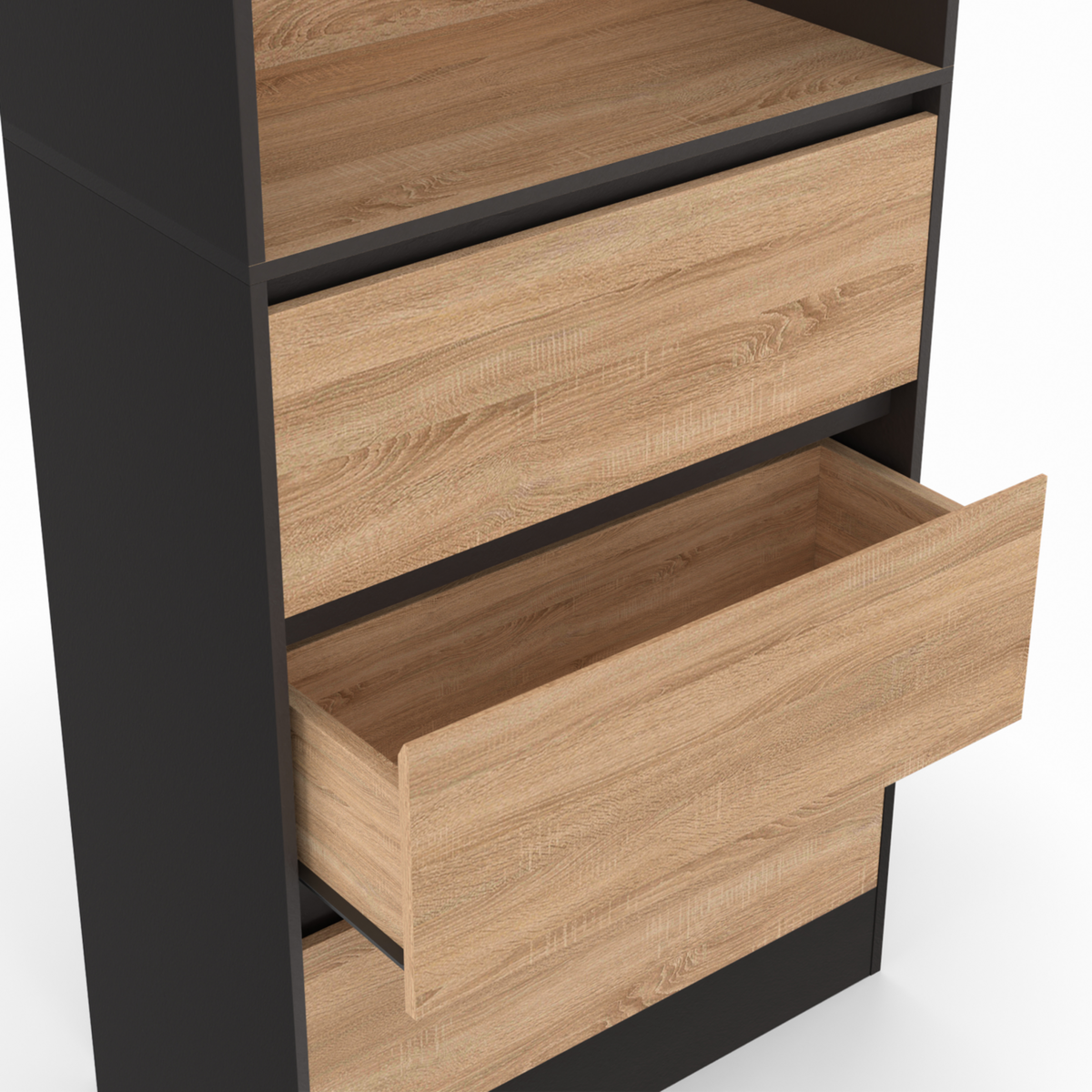 ID MARKET Etagère bibliothèque CARLA 3 niveaux 3 tiroirs noir et effet bois H.190 cm