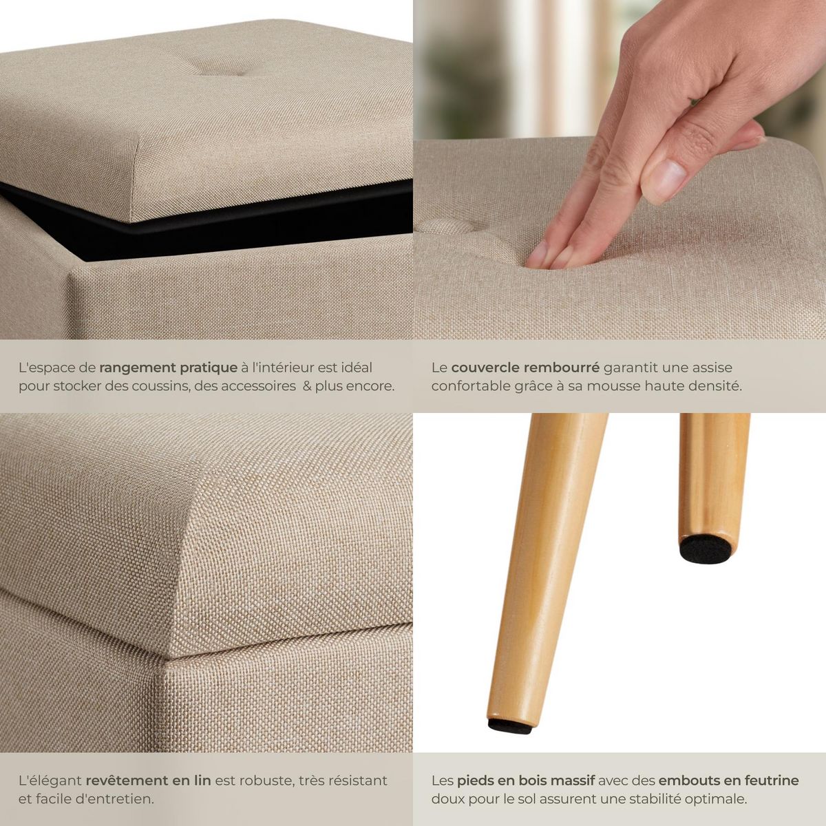 tectake Pouf avec espace de rangement carré sable