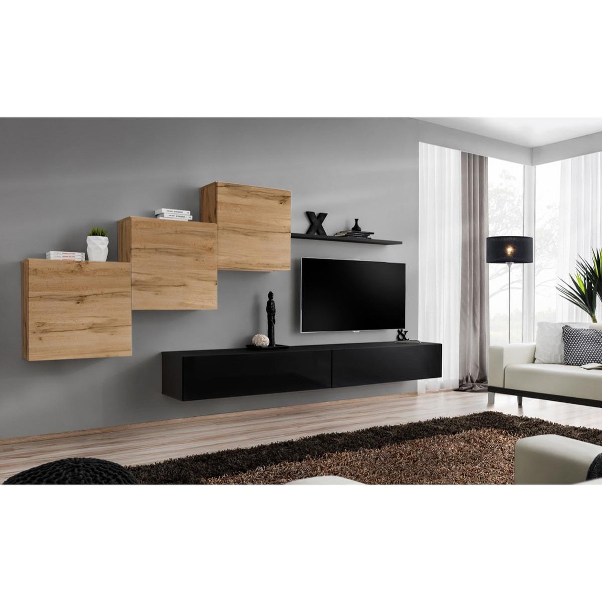 Voir la diapositive 2 : Paris Prix Meuble tv mural design  switch x  330cm naturel & noir