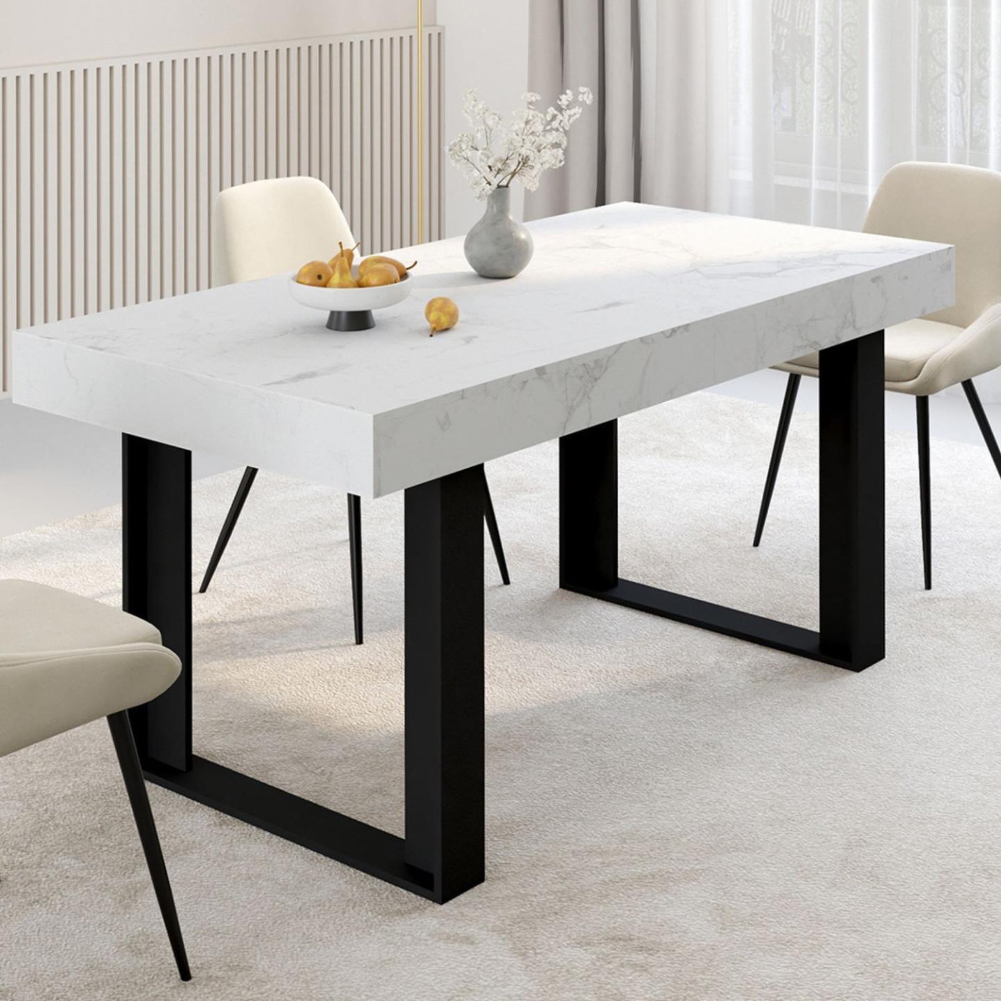 Voir la diapositive 4 : ID MARKET Table à manger extensible rectangle phoenix 4-8 personnes plateau effet marbre blanc alaska 160-200 cm