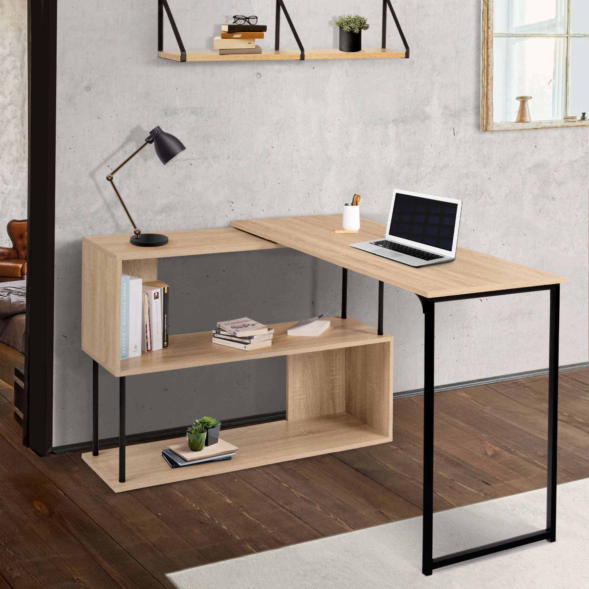 Voir la diapositive 2 : ID MARKET Bureau d'angle rotatif 180° detroit étagère forme s design industriel