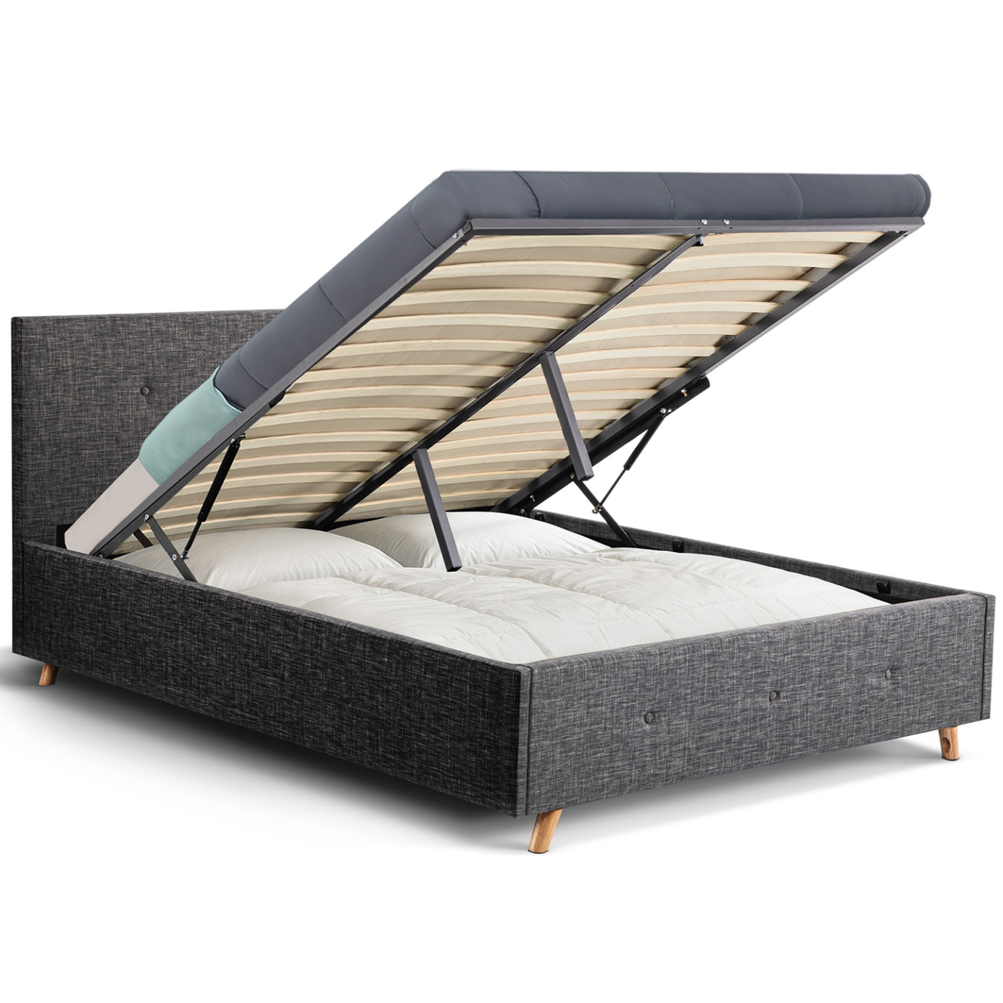 ID MARKET Lit coffre double scandinave lulea avec tête de lit et sommier 140 x 190 cm tissu gris anthracite
