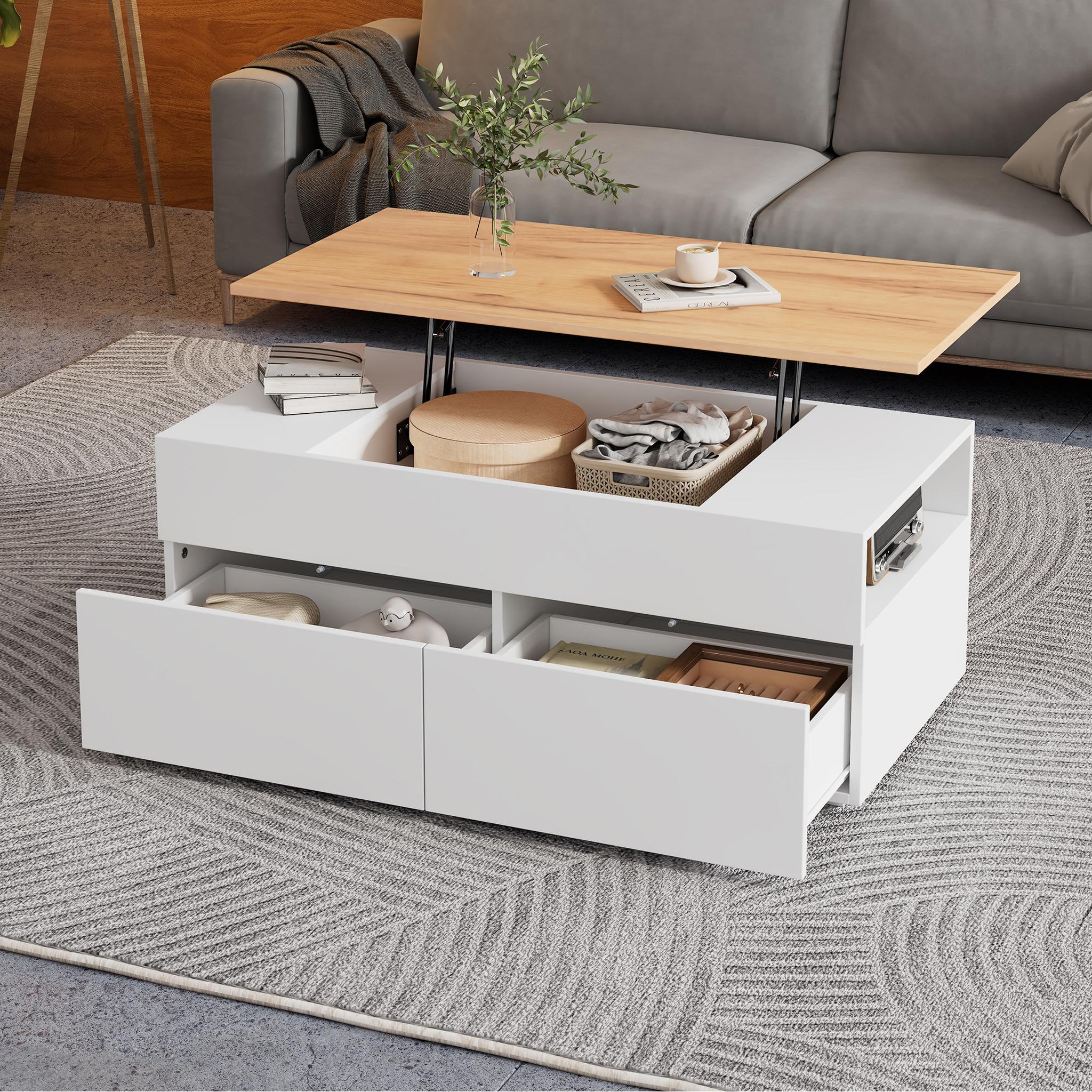 Voir la diapositive 5 : MERAX Table basse relevable rectangulaire blanc+naturel - 50x100 cm panneau de particules