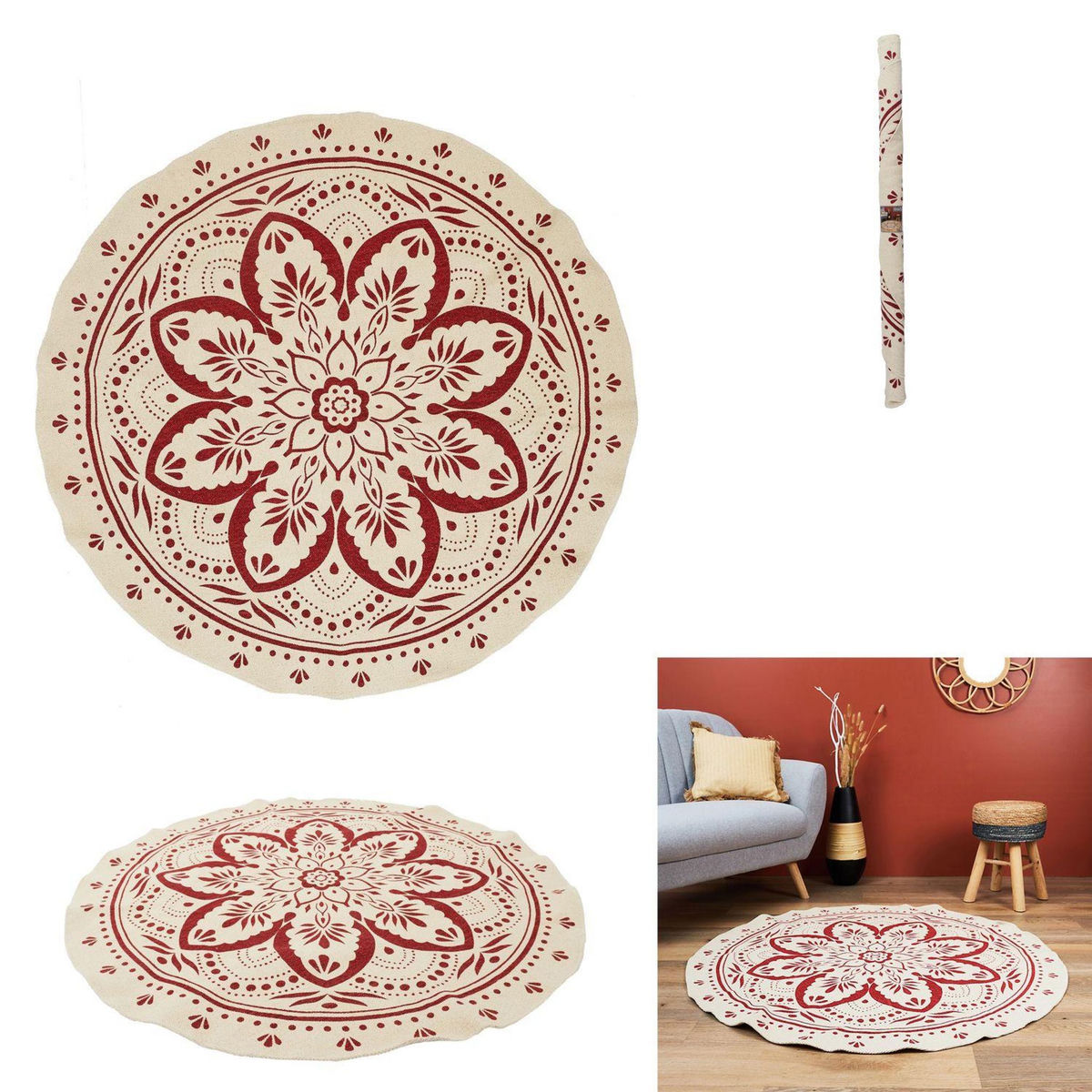 TOILINUX Tapis rond imprimé mandala - Diamètre 120 cm - Terracotta