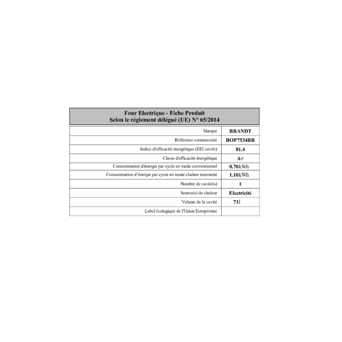 BRANDT Four intégrable multifonction 73l 60cm pyrolyse noir - BOP7534BB