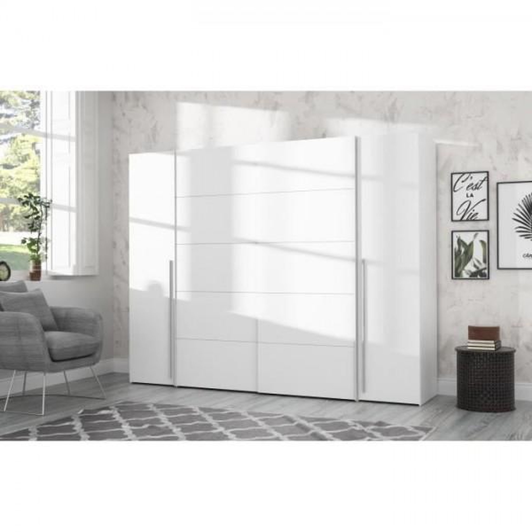 Voir la diapositive 6 : MARKET24 Armoire - Blanc mat - 2 portes battantes + 2 portes coulissantes - L 270,3 x P 61,2 x H 210 cm - NARAGO