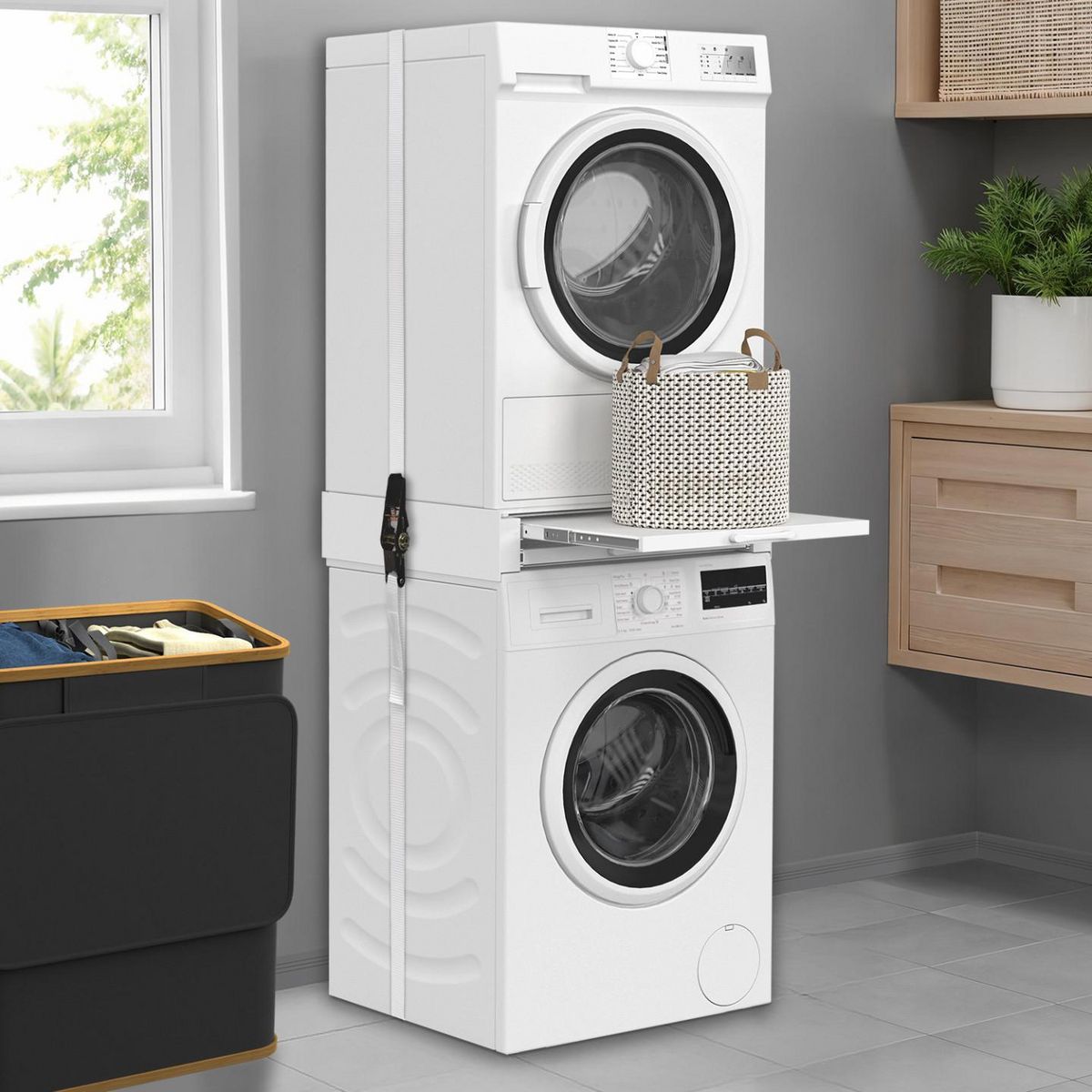 ID MARKET Kit de superposition universel lave linge et sèche linge avec tablette et séchoir