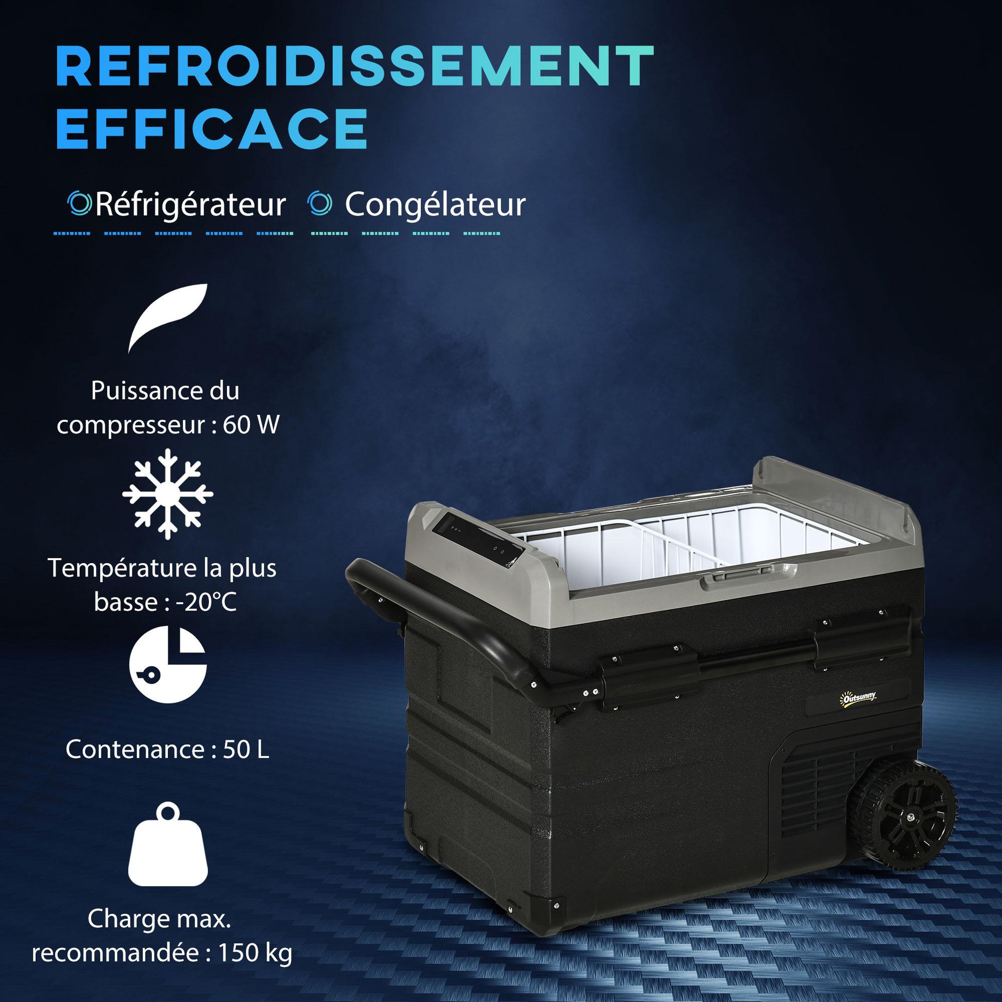 Voir la diapositive 4 : OUTSUNNY Outsunny Glacière électrique 50L portable, réfrigérateur congélateur avec lumière LED intérieure et poignées pliables - dim. 71,1L x 46l x 50,6H cm - noir et gris