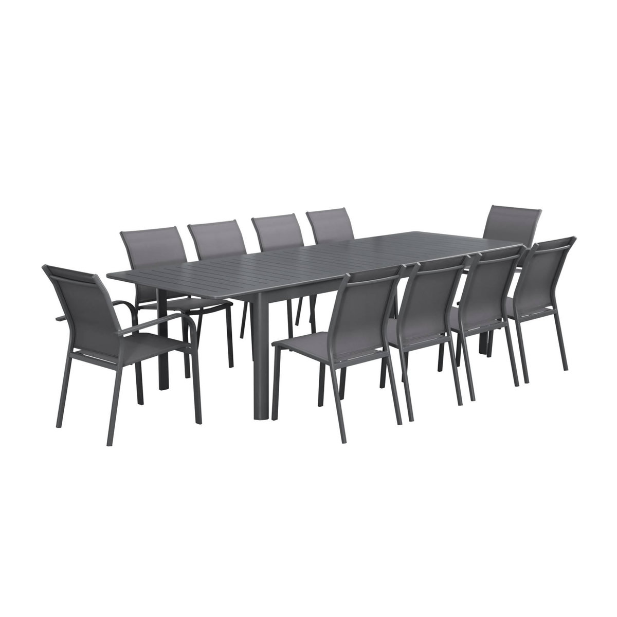 SWEEEK Table de jardin extensible aluminium + 10 assises aluminium et textilène anthracite. 8 chaises. 2 fauteuils. 10 places. 290 x 100 x 75 cm