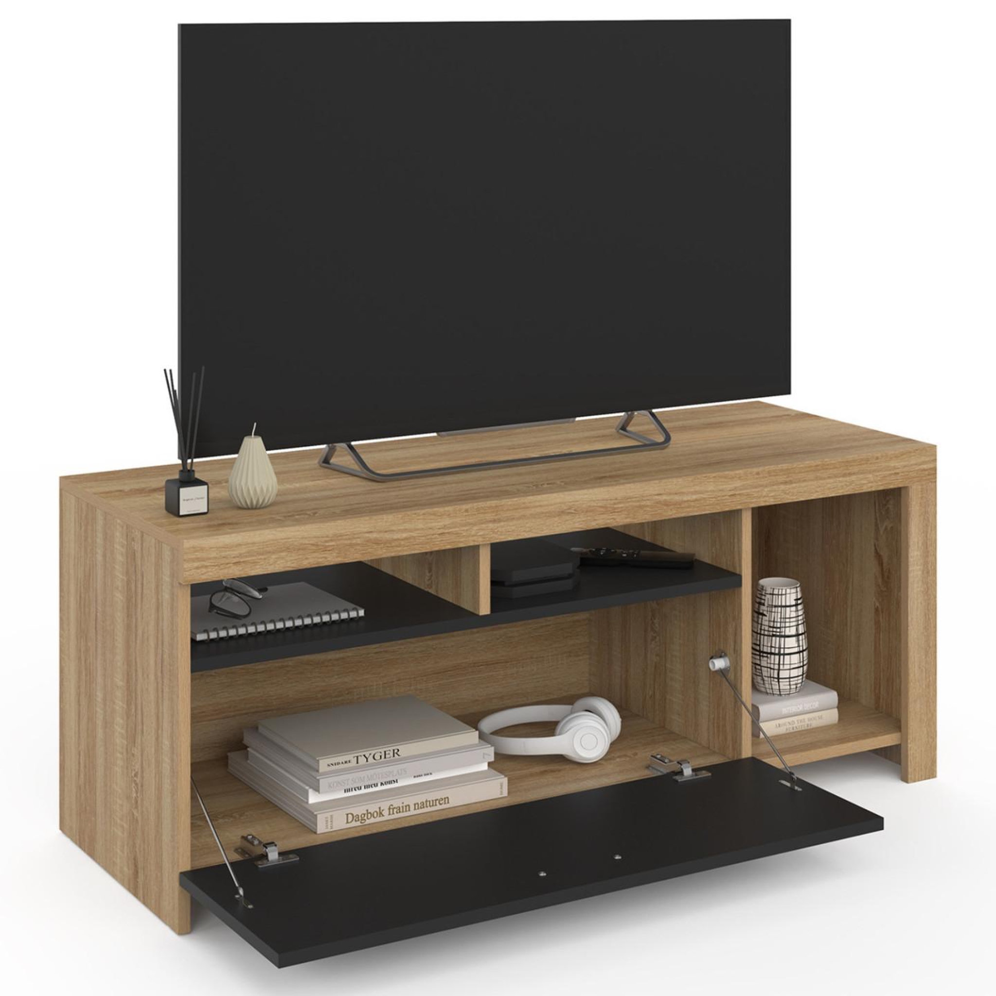 Voir la diapositive 5 : ID MARKET Meuble tv 110 cm malo bois et placard noir