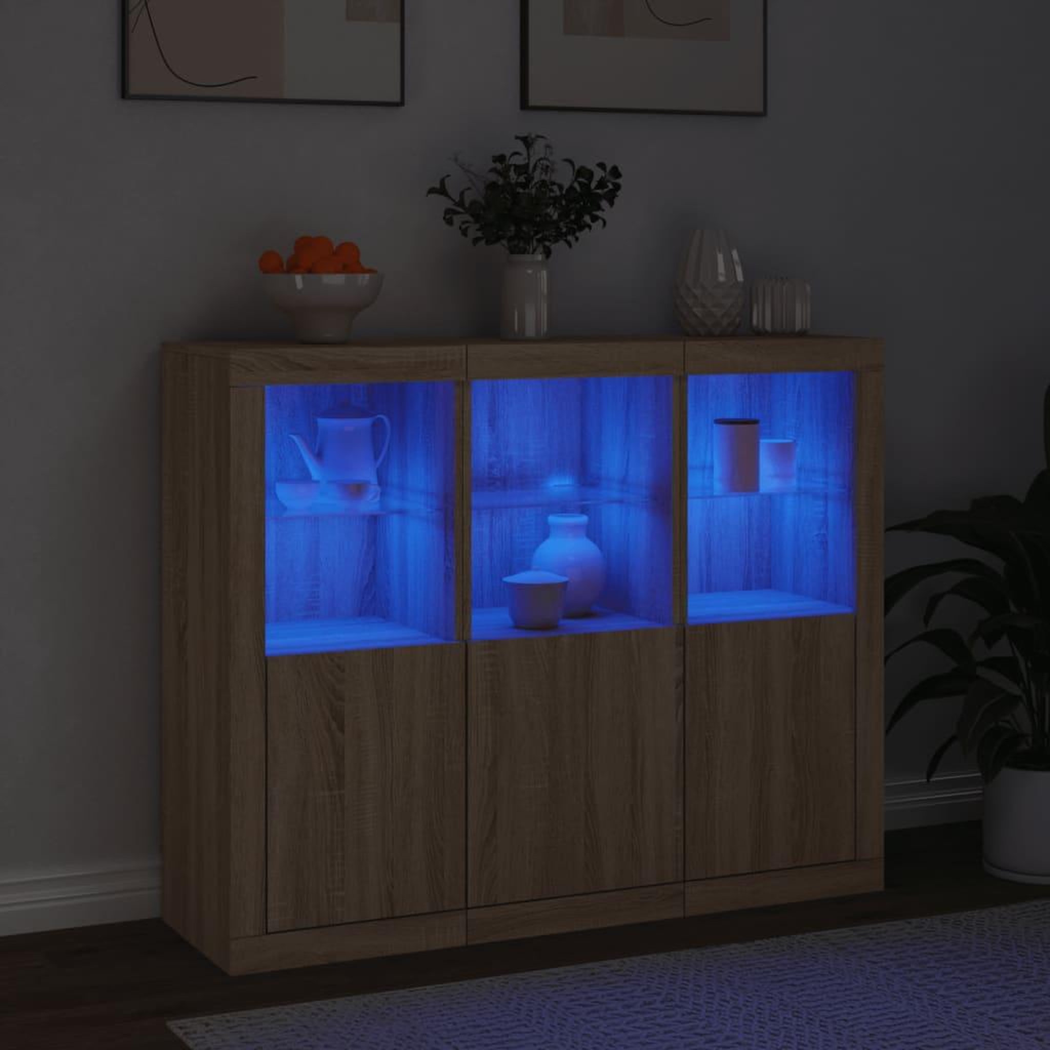 Voir la diapositive 3 : VIDAXL Buffets avec lumieres LED 3 pcs chene sonoma bois d'ingenierie