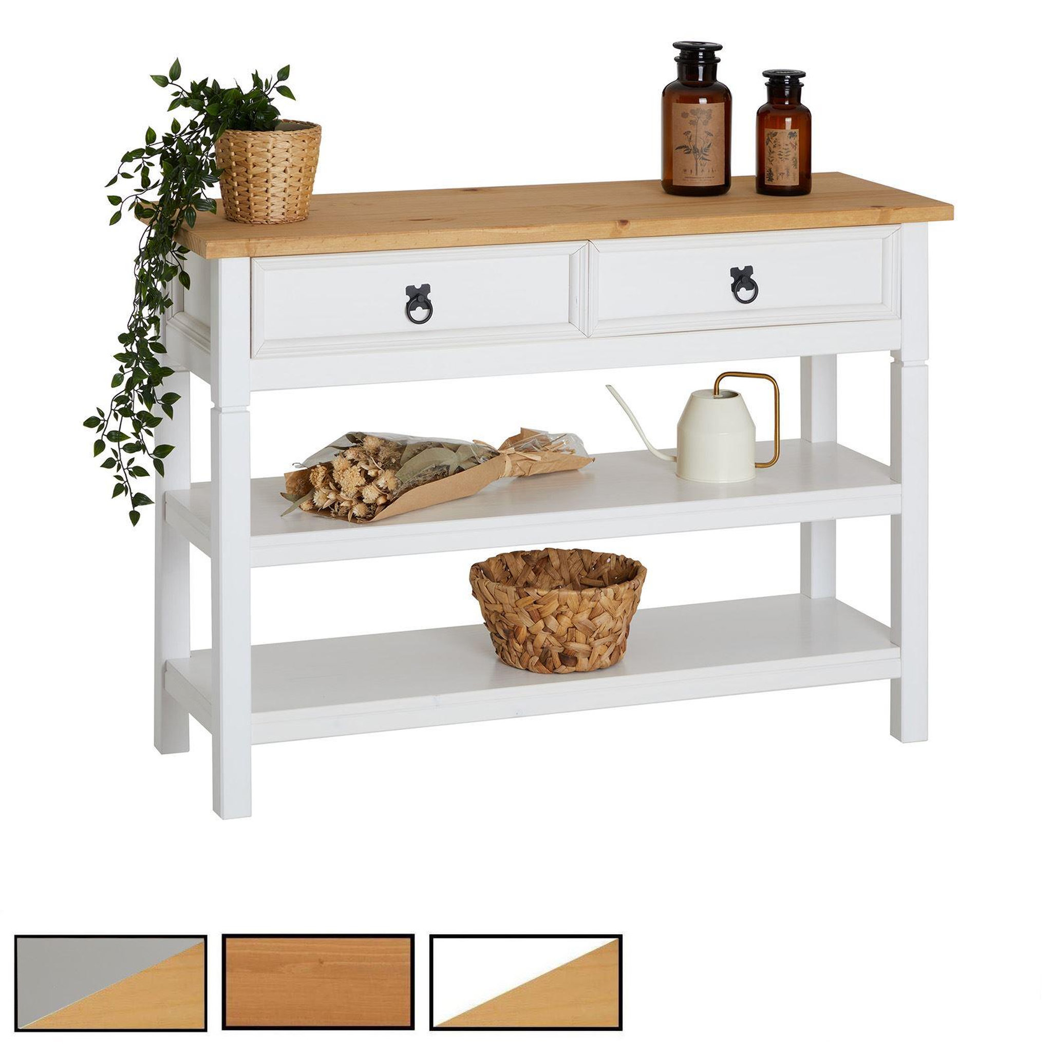 IDIMEX Table console en pin tequila style mexicain, 1 tiroir et 2 étagères. Coloris disponibles : Bicolore, Marron