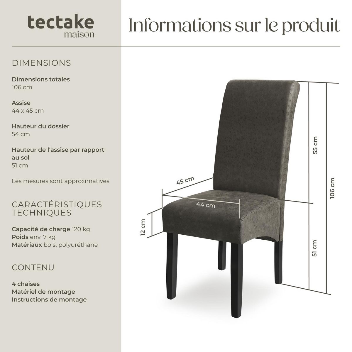 tectake Chaise de salle à manger avec revêtement en cuir synthétique gris marbré Lot de 4