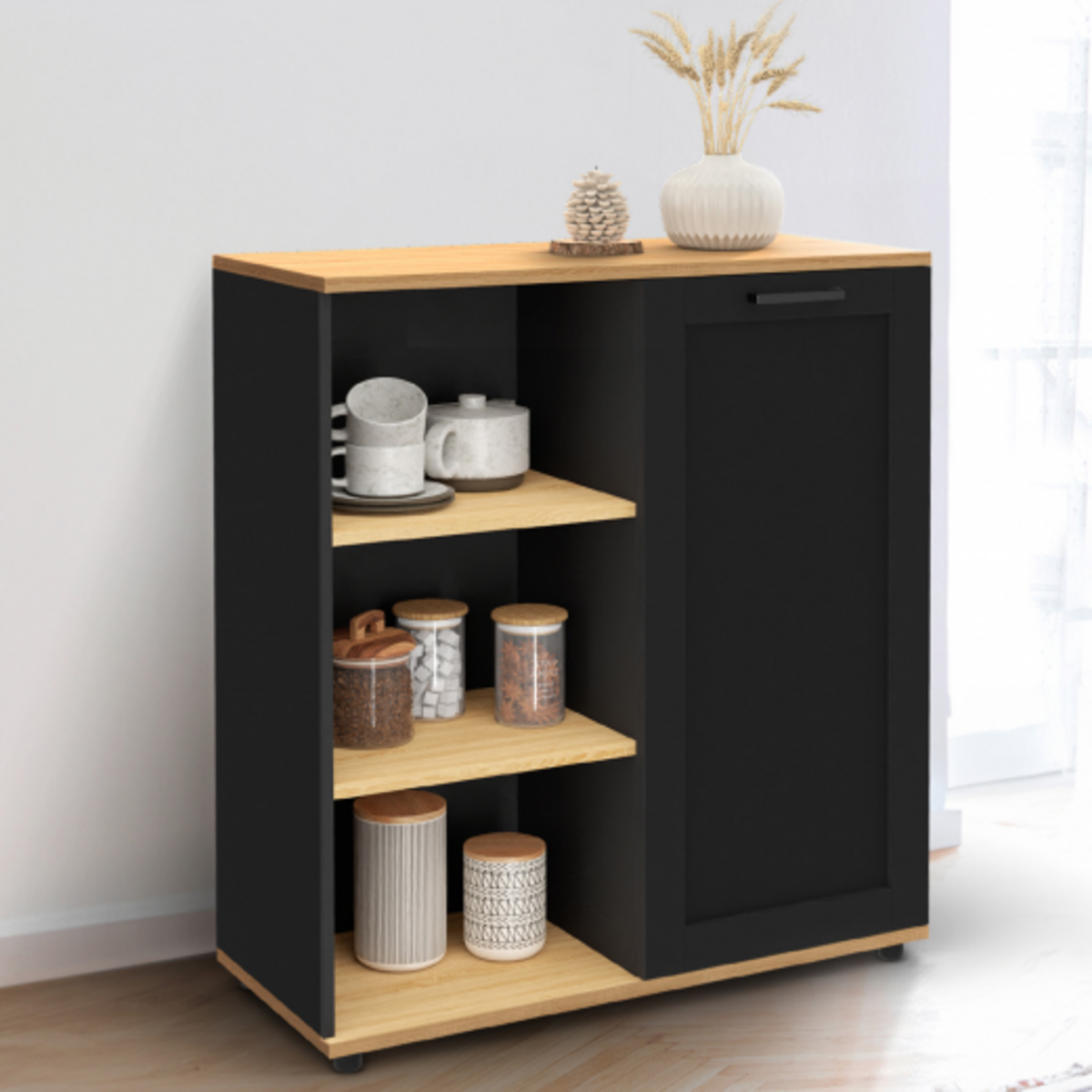 ID MARKET Buffet d'appoint 70 cm VITO 3 étagères et placard noir et plateau bois