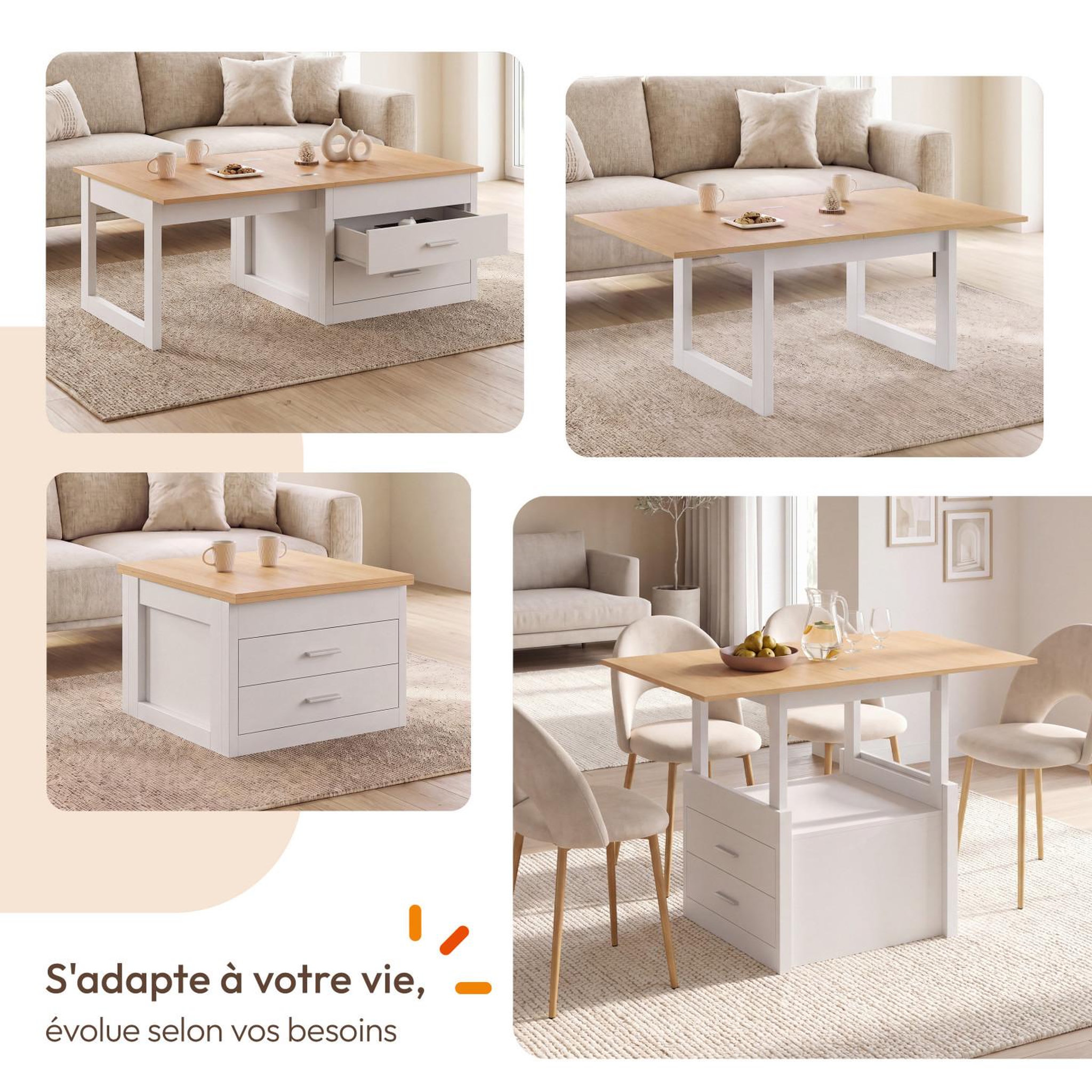 Voir la diapositive 3 : ID MARKET Table basse extensible et relevable en table à manger AMAYA 120 cm 2 modules avec 2 tiroirs blanc et bois