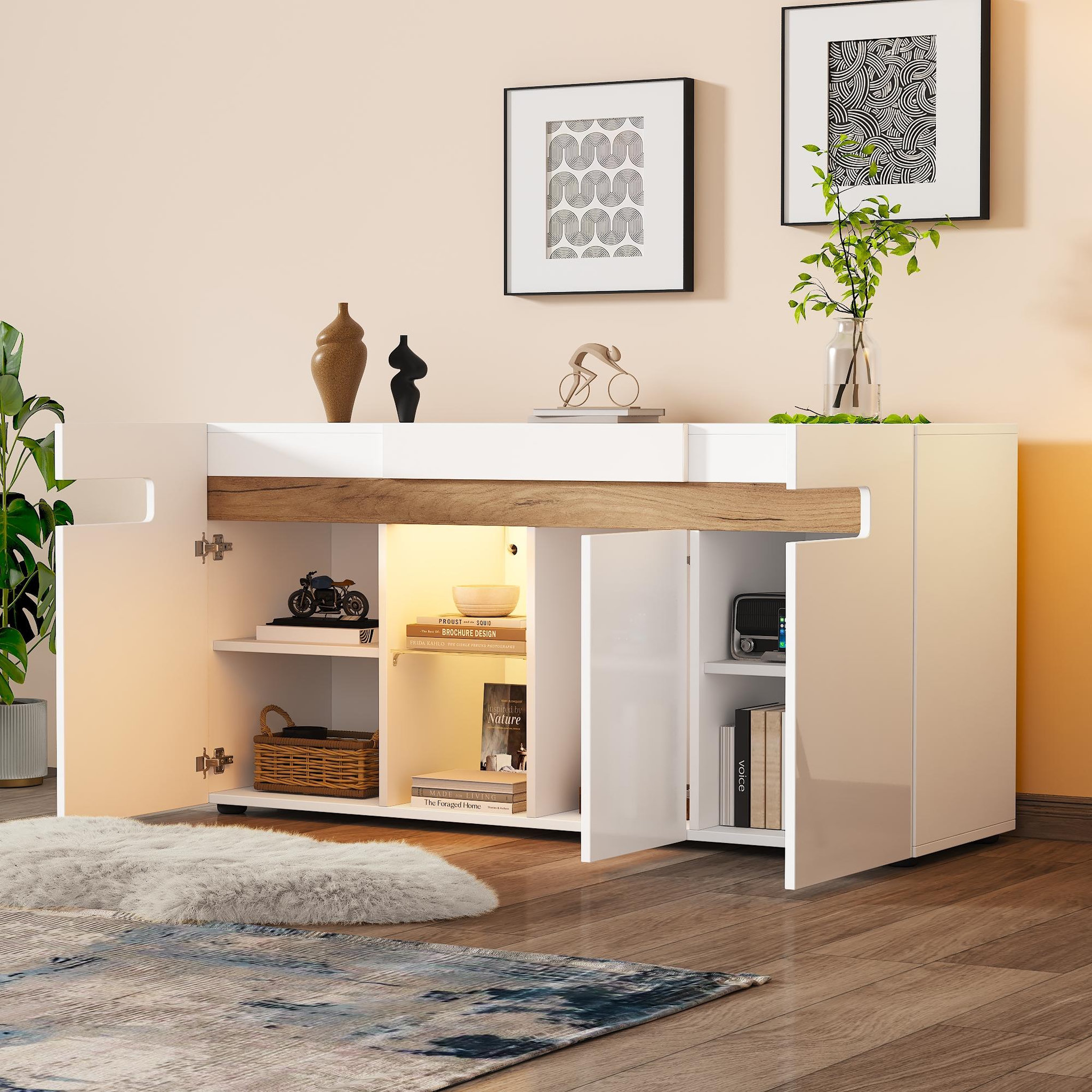 Voir la diapositive 5 : MERAX Buffet 3 porte(s) 0 tiroir(s) - 140 cm blanc+naturel led panneau de particules