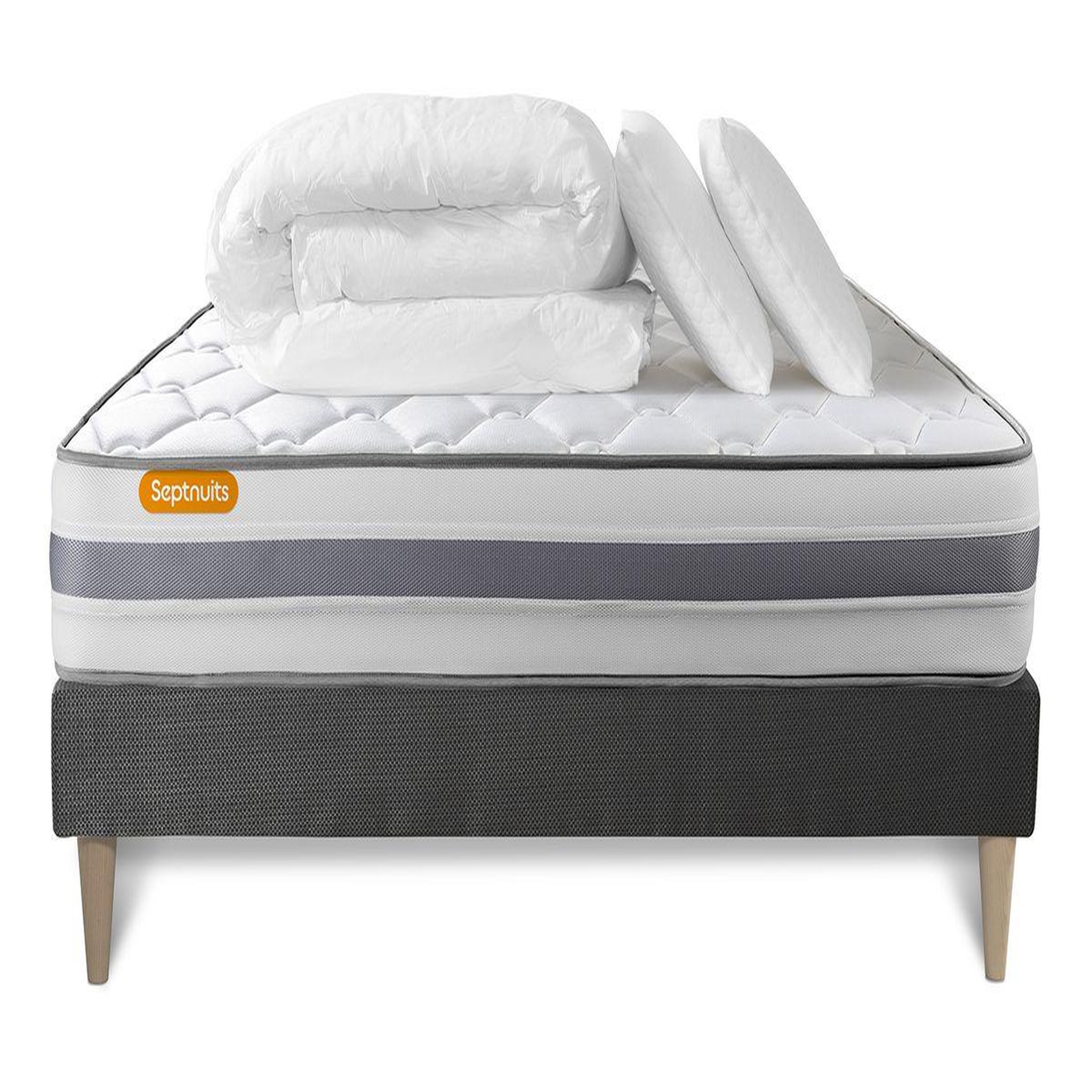 Voir la diapositive 2 : SEPTNUITS Pack matelas + sommier kit gris Memo Spring Ressorts ensachés MAXI épaisseur + Couette + 2 oreillers
