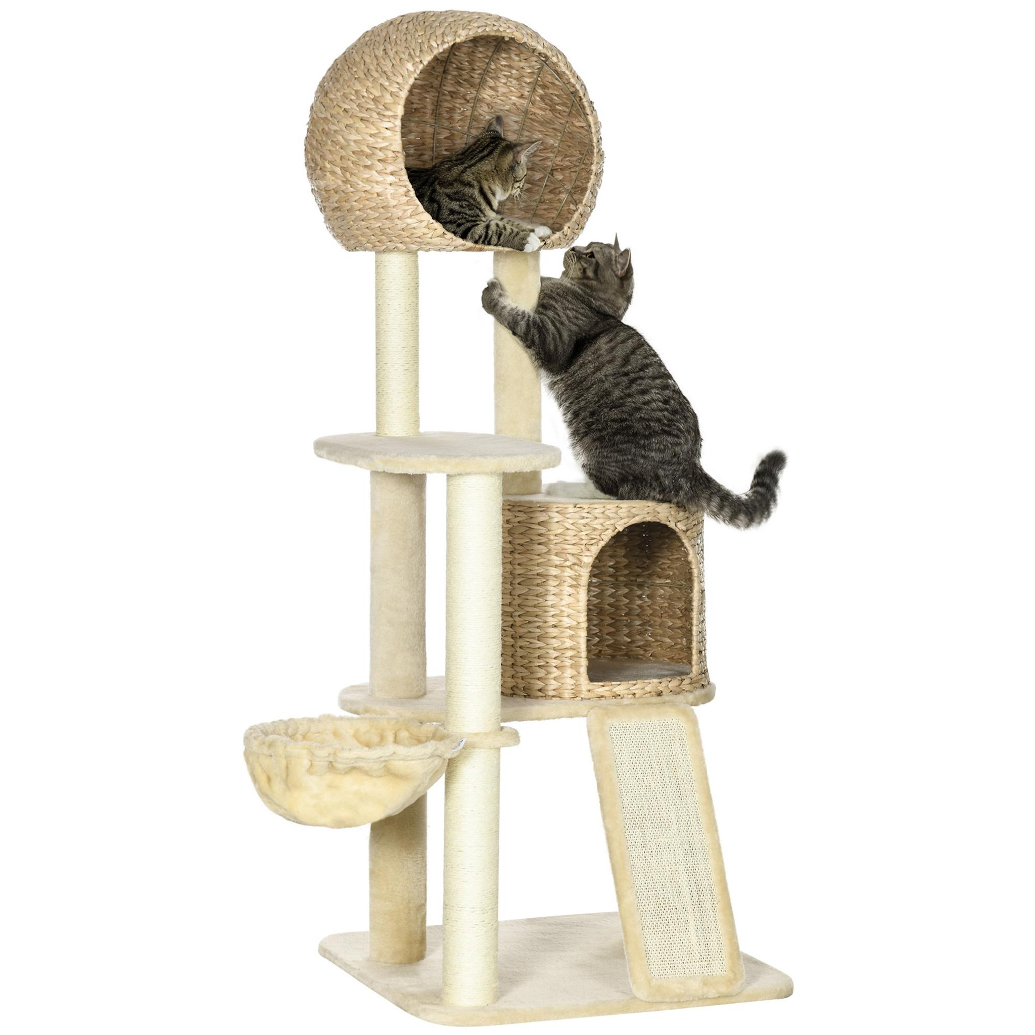 PAWHUT Arbre à chat style cosy chic griffoirs grattoir sisal 2 grandes niches plateforme hamac peluche courte beige jacinthe d'eau