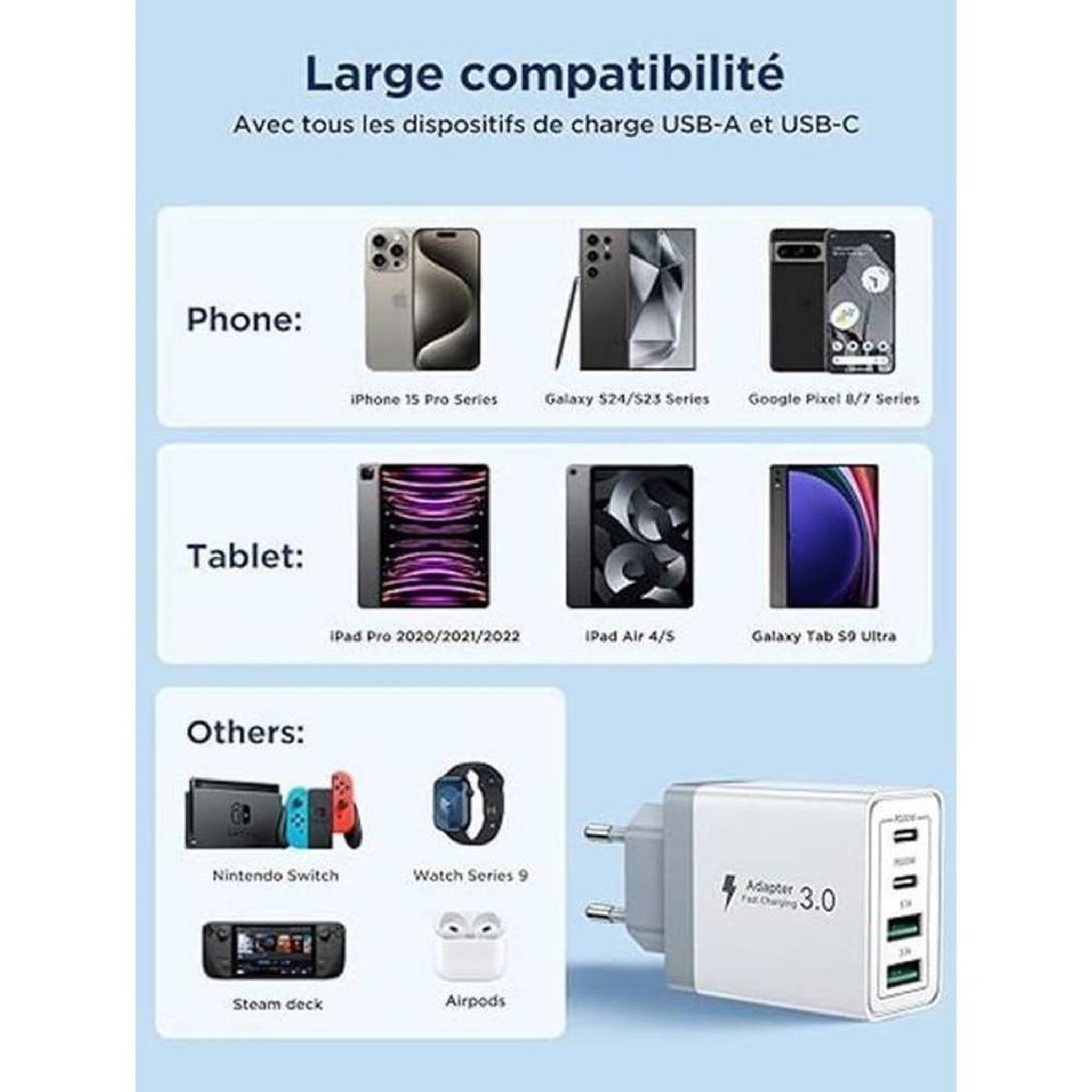 Voir la diapositive 6 : Chargeur USB-C 40W 4 ports blanc, 2 USB-C PD20W et 2 USB-A, charge rapide pour 4 appareils