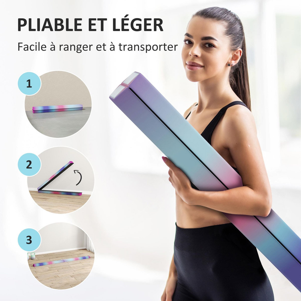 HOMCOM Poutre gymnastique pliable 236 cm - poutre d'équilibre antidérapante - revêtement PVC multicolore