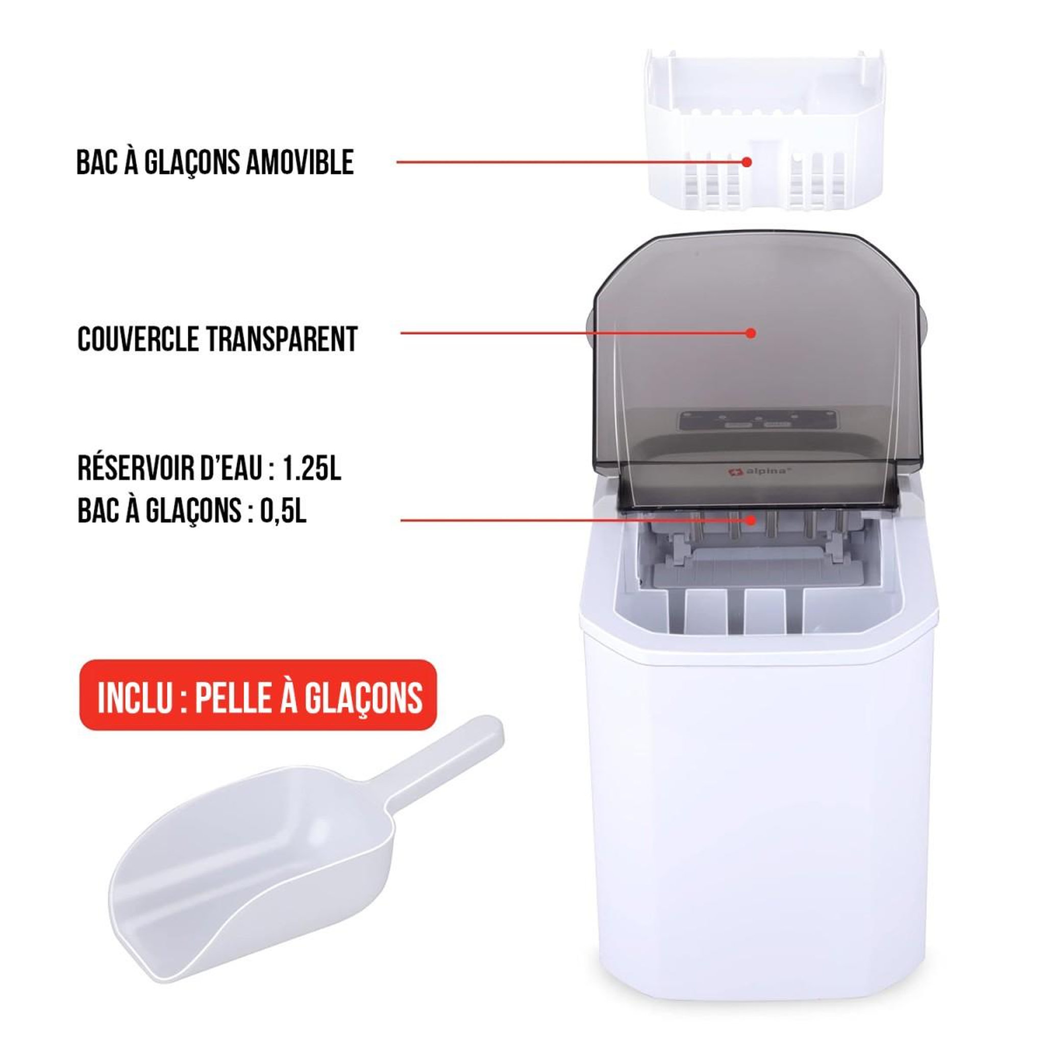 Voir la diapositive 5 : Alpina Machine à glaçons 112W Cycles de 9 glaçons 10 à 12 min 2 tailles Couvercle Transparent ALPINA