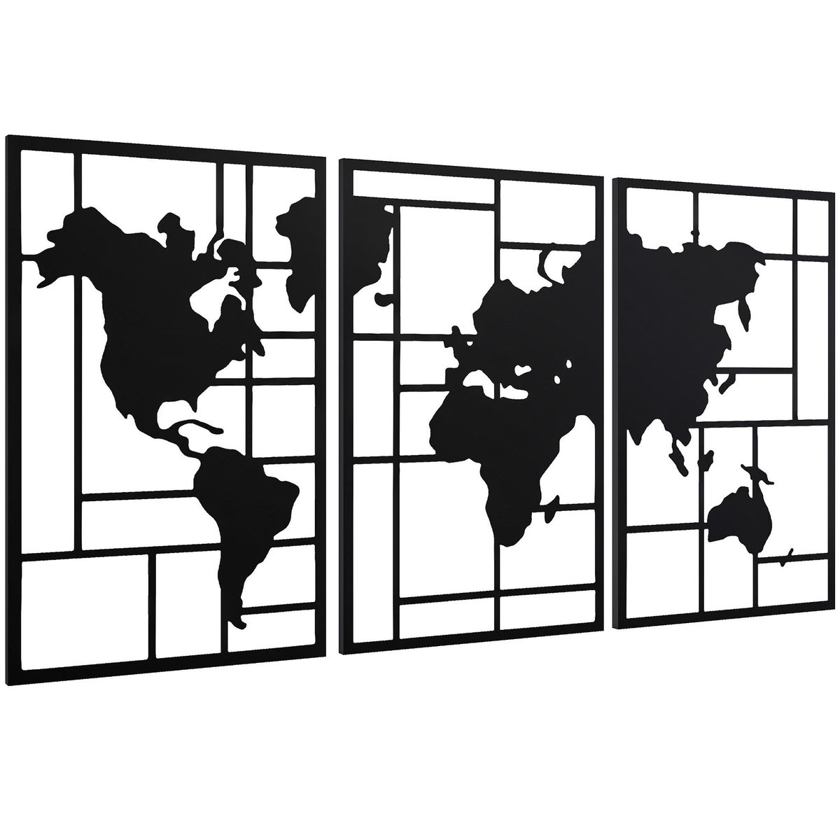 HOMCOM Lot de 3 décorations murales métal design graphique carte du monde métal noir