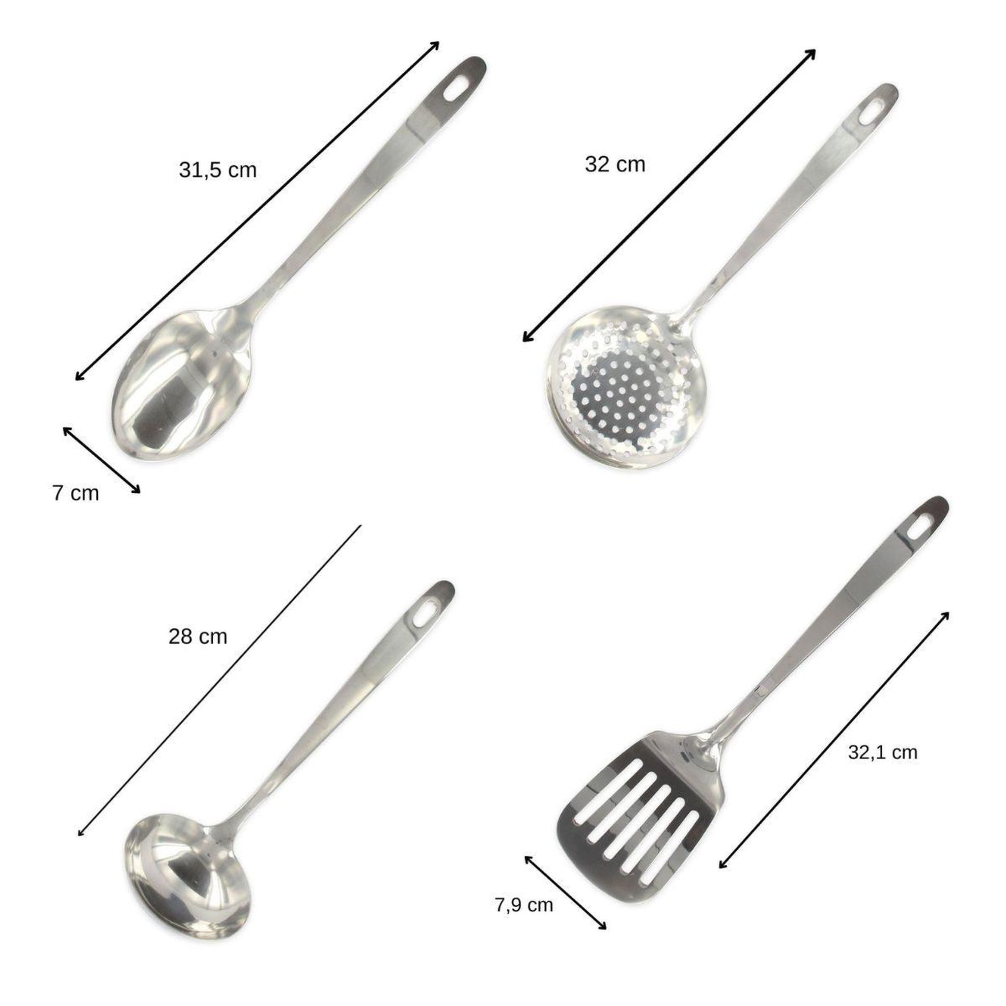 Voir la diapositive 3 : Fackelmann Ensemble de 4 ustensiles de cuisine en inox louche spatule ajourée cuillère et écumoire fackelmann oxford
