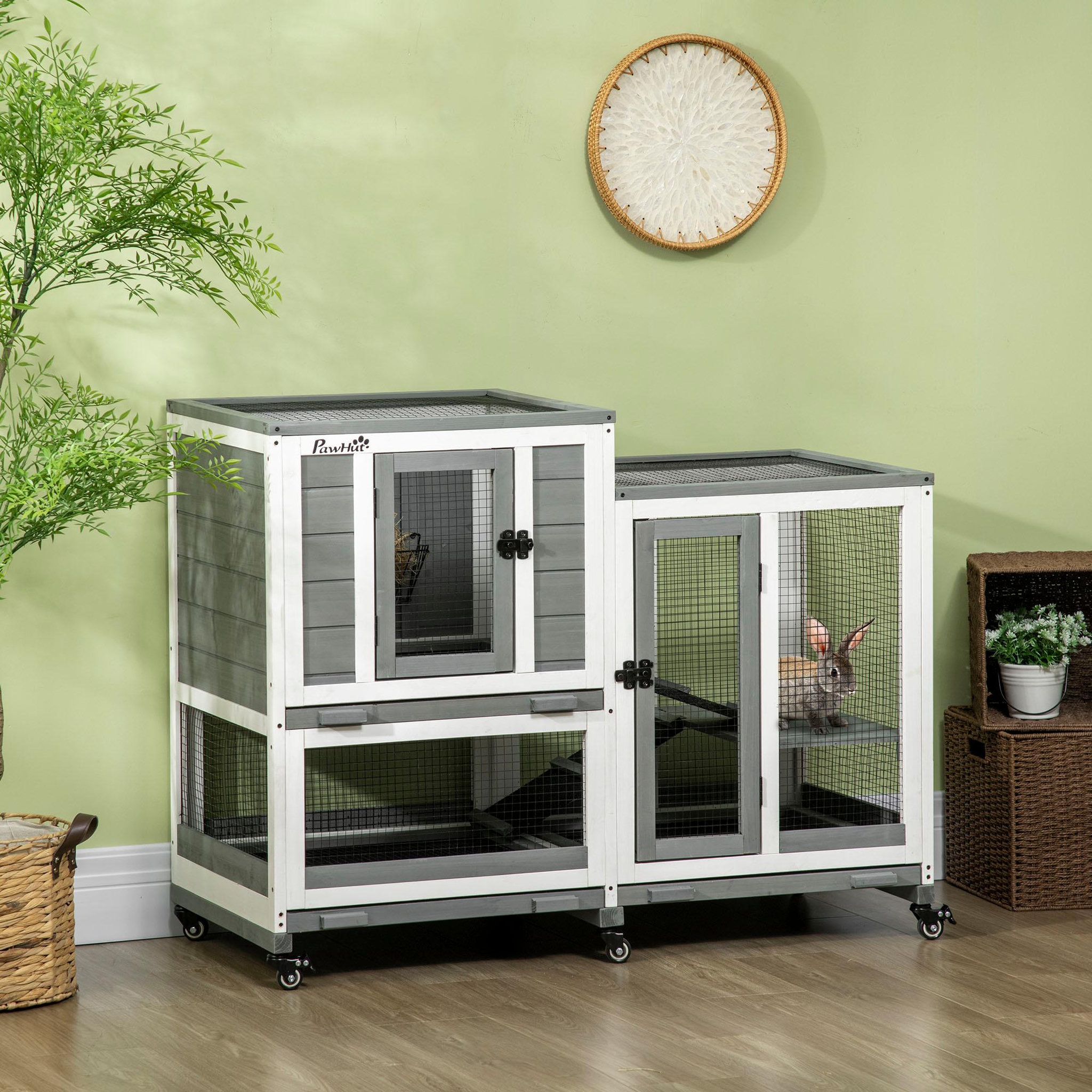 Voir la diapositive 2 : PAWHUT Clapier à lapin sur roulettes cage à lapin 3 niveaux 2 portes verrouillables 3 plateaux coulissants rampes bois sapin acier gris blanc
