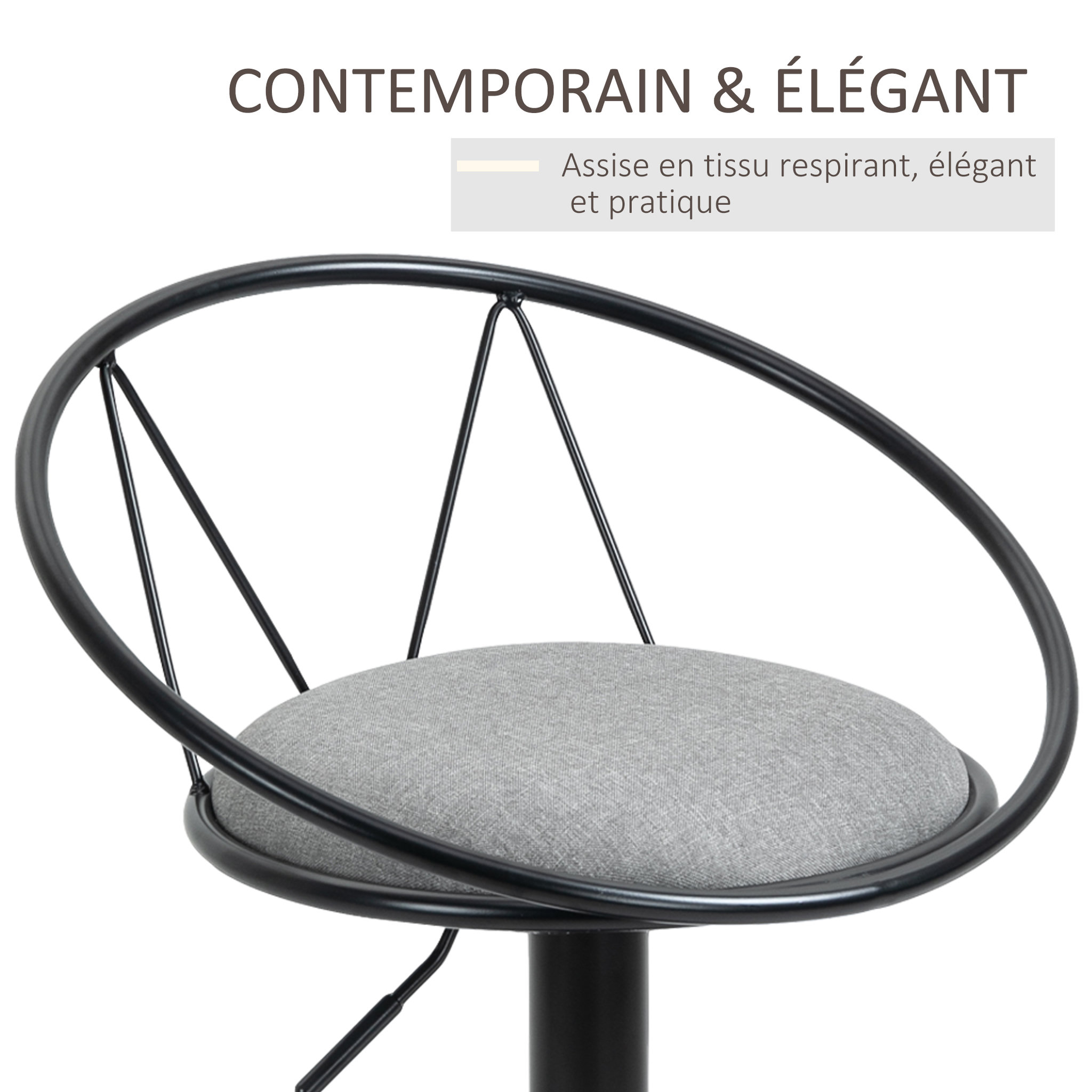 Voir la diapositive 6 : HOMCOM Lot de 2 tabourets de bar design néo-rétro réglable pivotant avec repose-pied métal noir lin gris