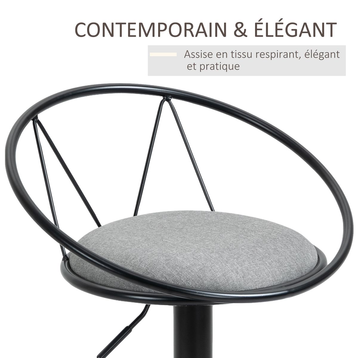 HOMCOM Lot de 2 tabourets de bar design néo-rétro réglable pivotant avec repose-pied métal noir lin gris