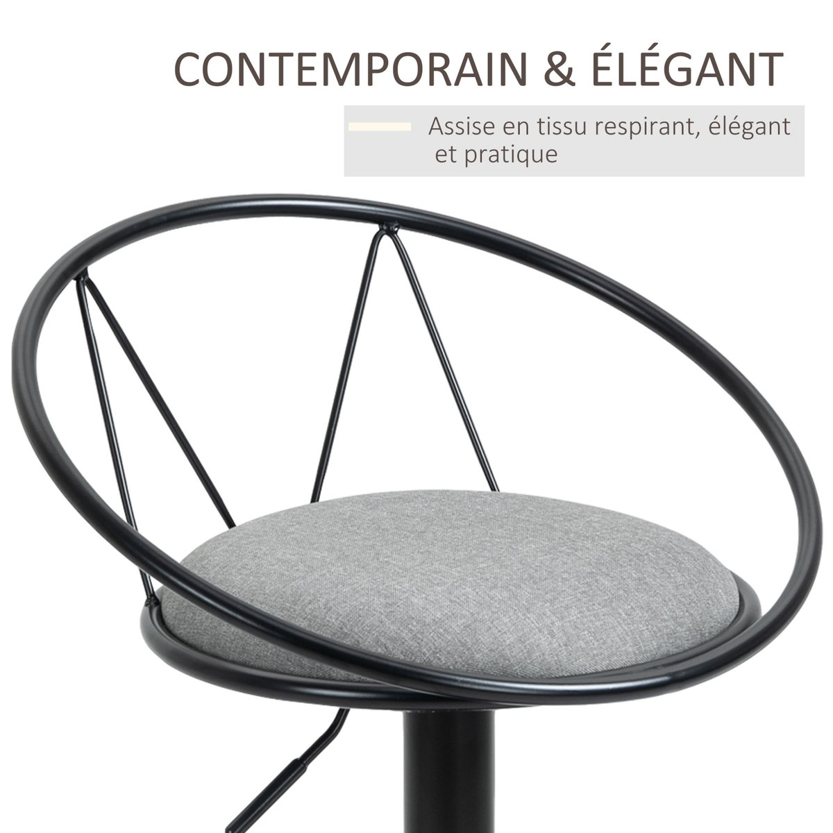 HOMCOM Lot de 2 tabourets de bar design néo-rétro réglable pivotant avec repose-pied métal noir lin gris